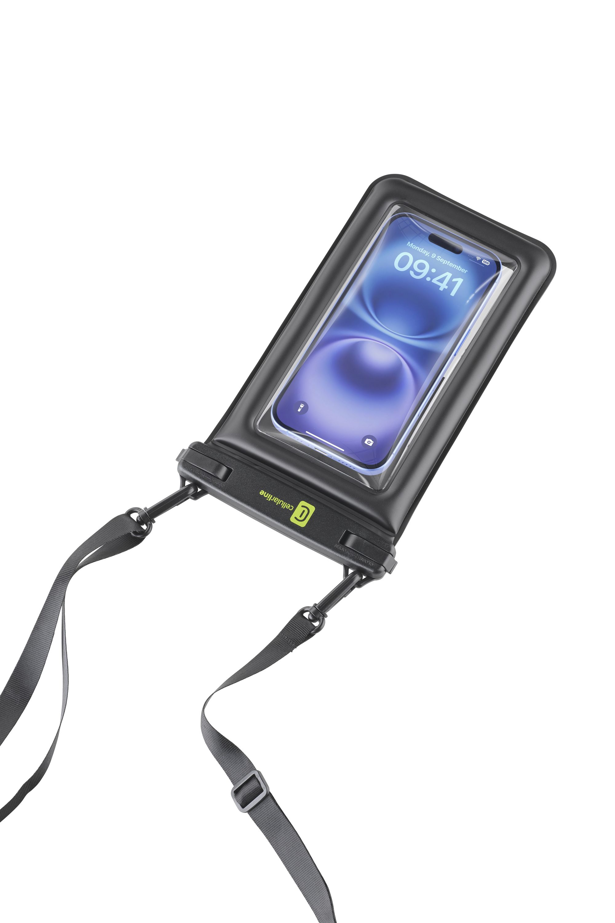 Siyah su geçirmez telefon kılıfı askılı, açık ekranlı.