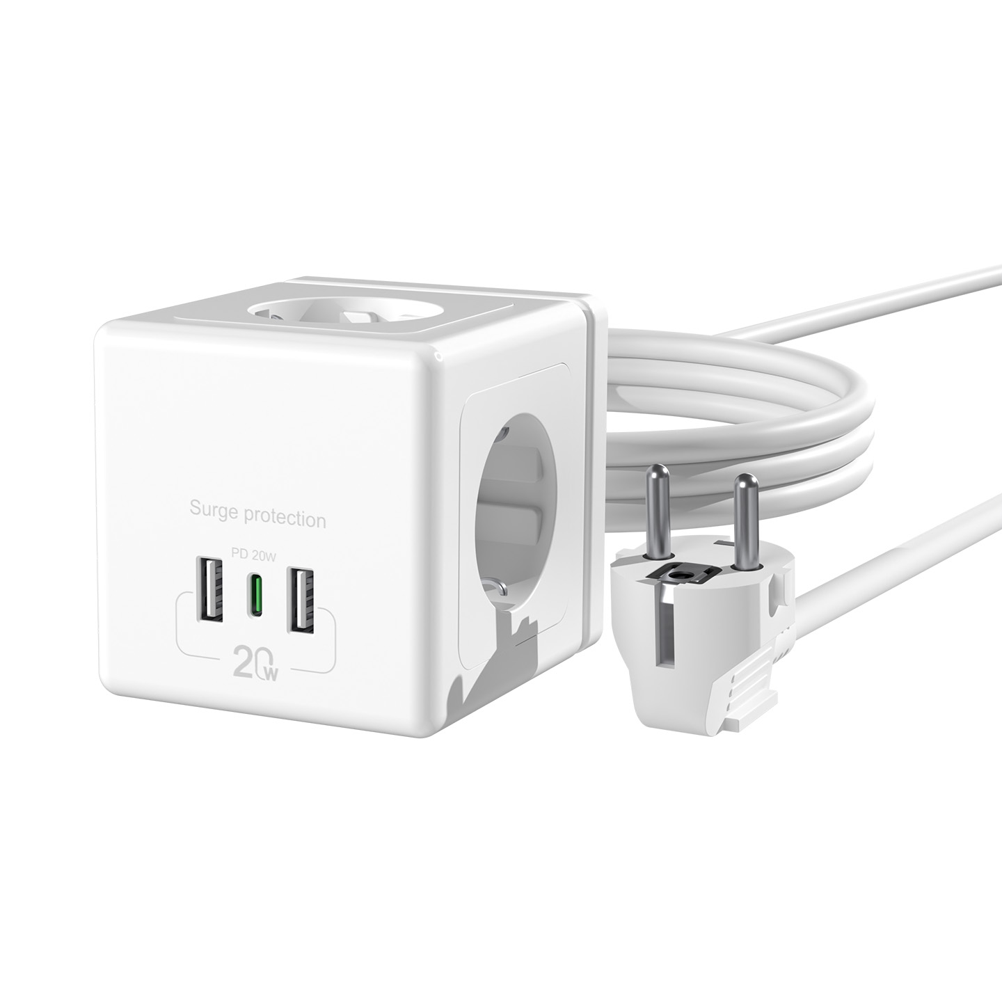 Priz ve USB bağlantı noktalarına sahip beyaz küp adaptör, yanında bir fiş.
