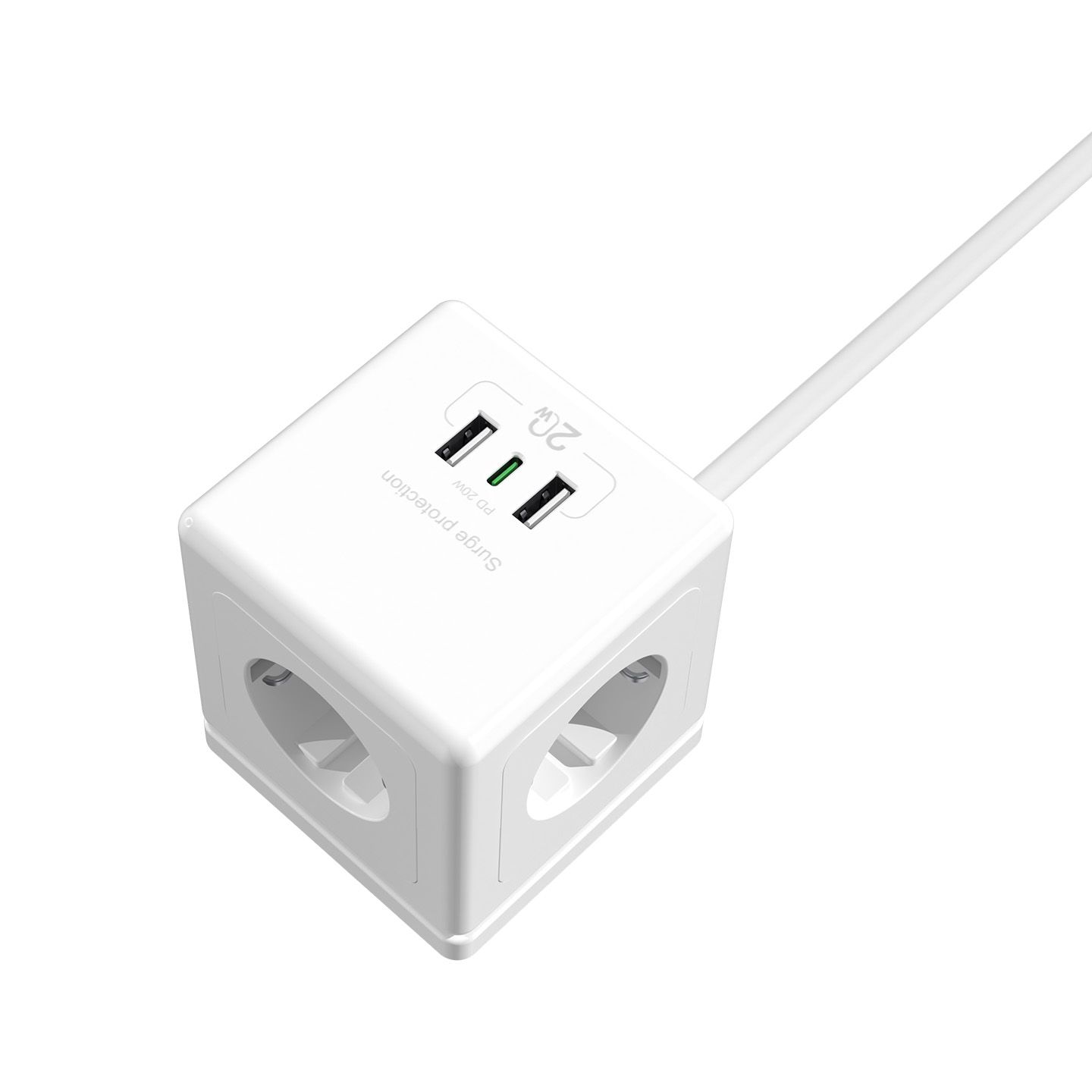 Üç prizli ve iki USB bağlantı noktalı beyaz küp güç adaptörü.