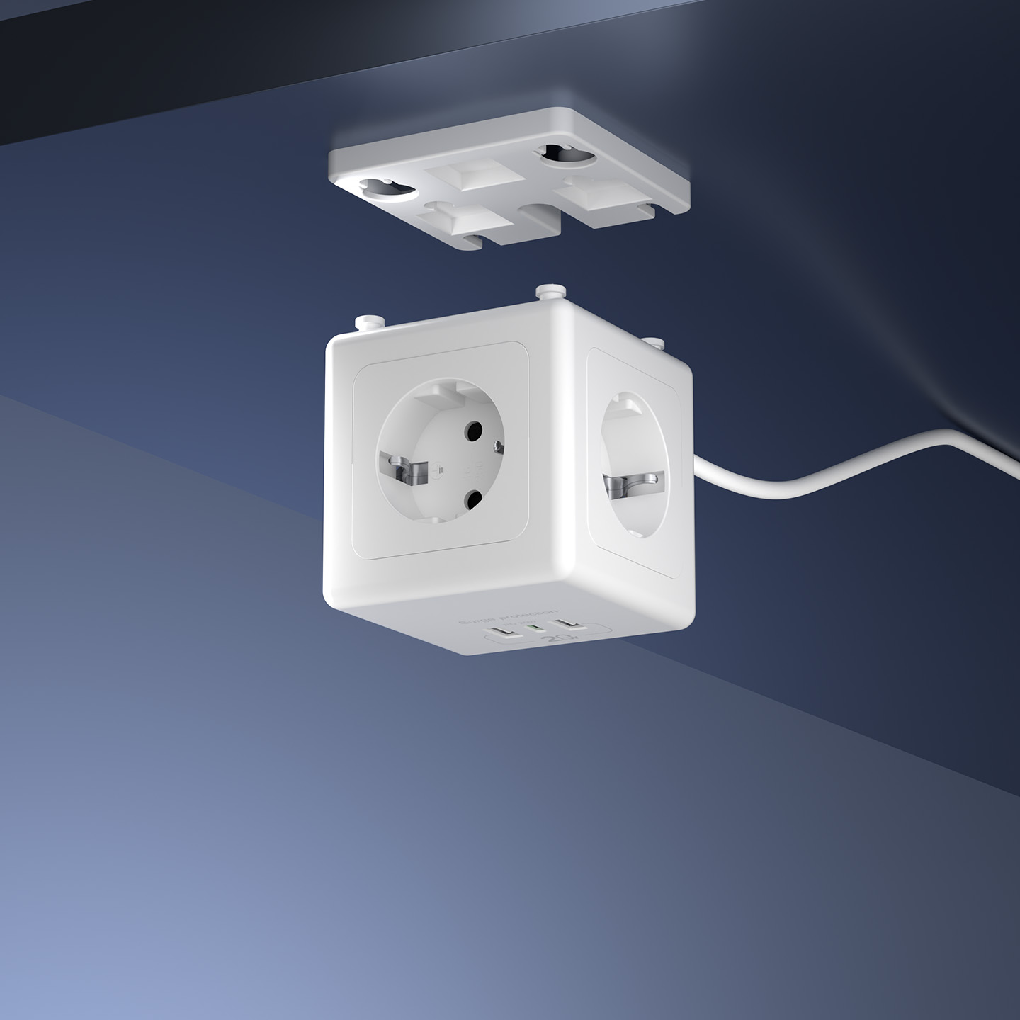Koyu bir y'zeyin altında USB portları olan beyaz k'p priz.