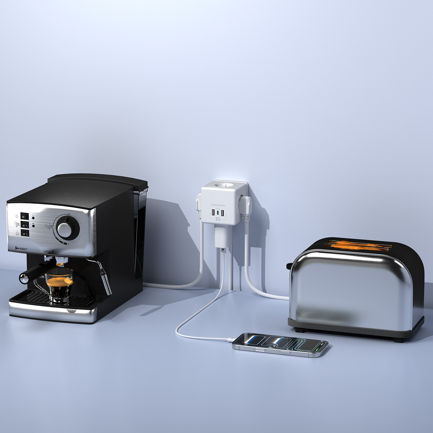 Espresso makinesi, tost makinesi, şarj olan telefon, gri yüzeyde çoklu priz.