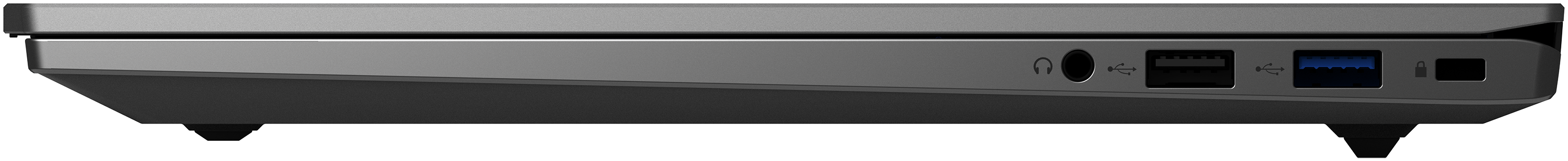 Seitenansicht eines Laptops mit Anschlüssen: Kopfhörer, USB, USB-A, USB-C.