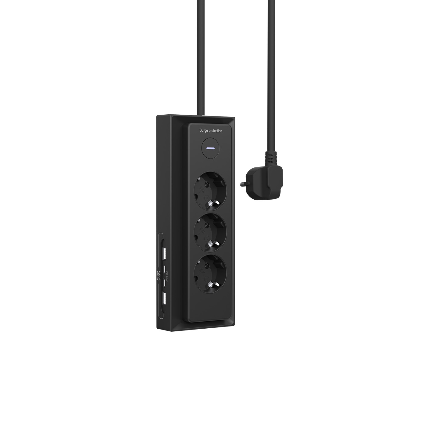 Üç prizli ve iki USB bağlantı noktalı siyah uzatma kablosu.