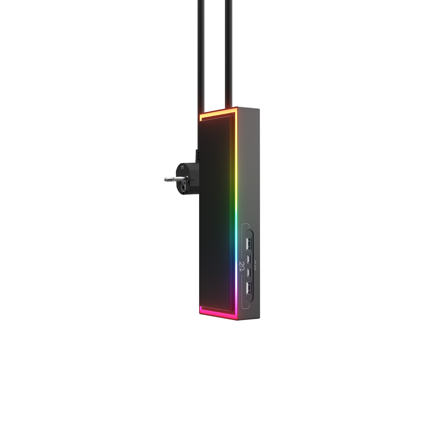 RGB aydınlatmalı ve iki USB bağlantı noktalı siyah güç adaptörü.