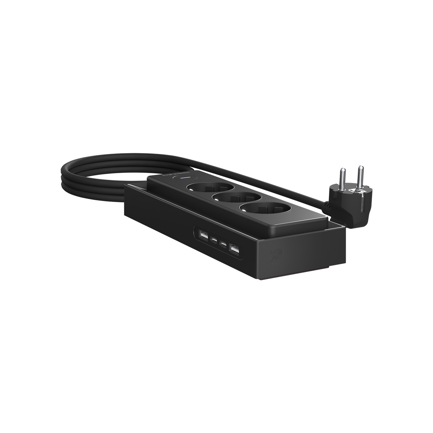 Kablo ve fişli siyah güç şeridi, üç priz ve iki USB bağlantı noktası.