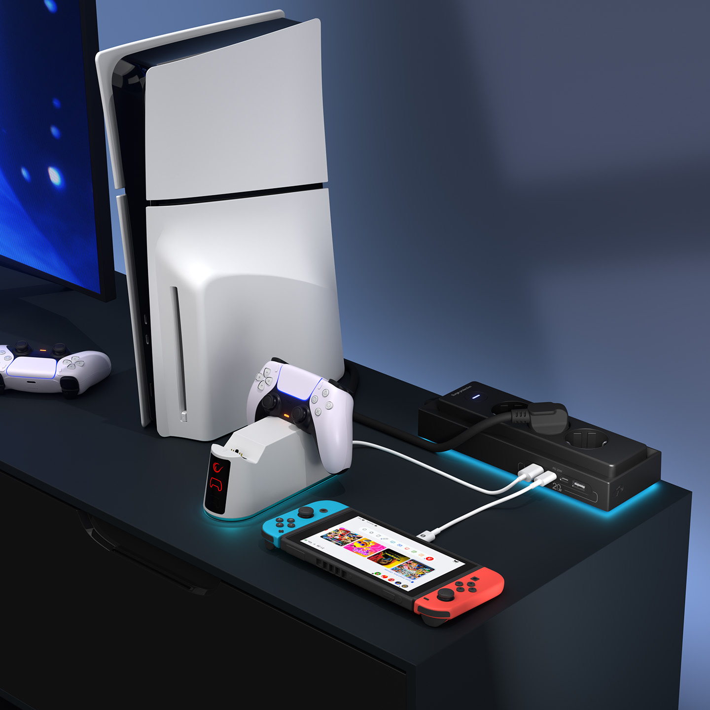 Koyu yüzeyde beyaz PlayStation 5 ve Nintendo Switch, kumandalarla birlikte.