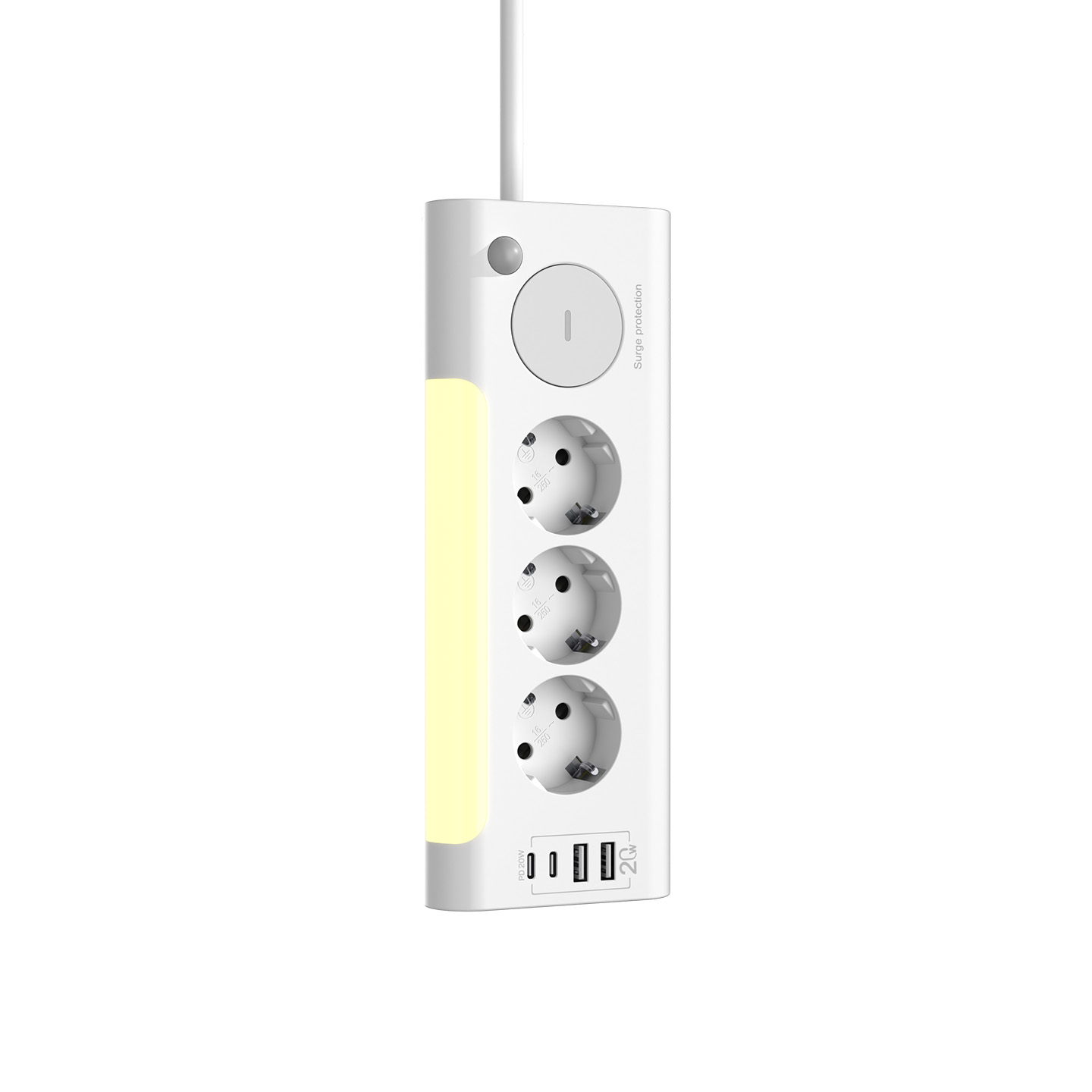 Üç prizli, USB portlu, sarı ışık şeritli beyaz uzatma kablosu.