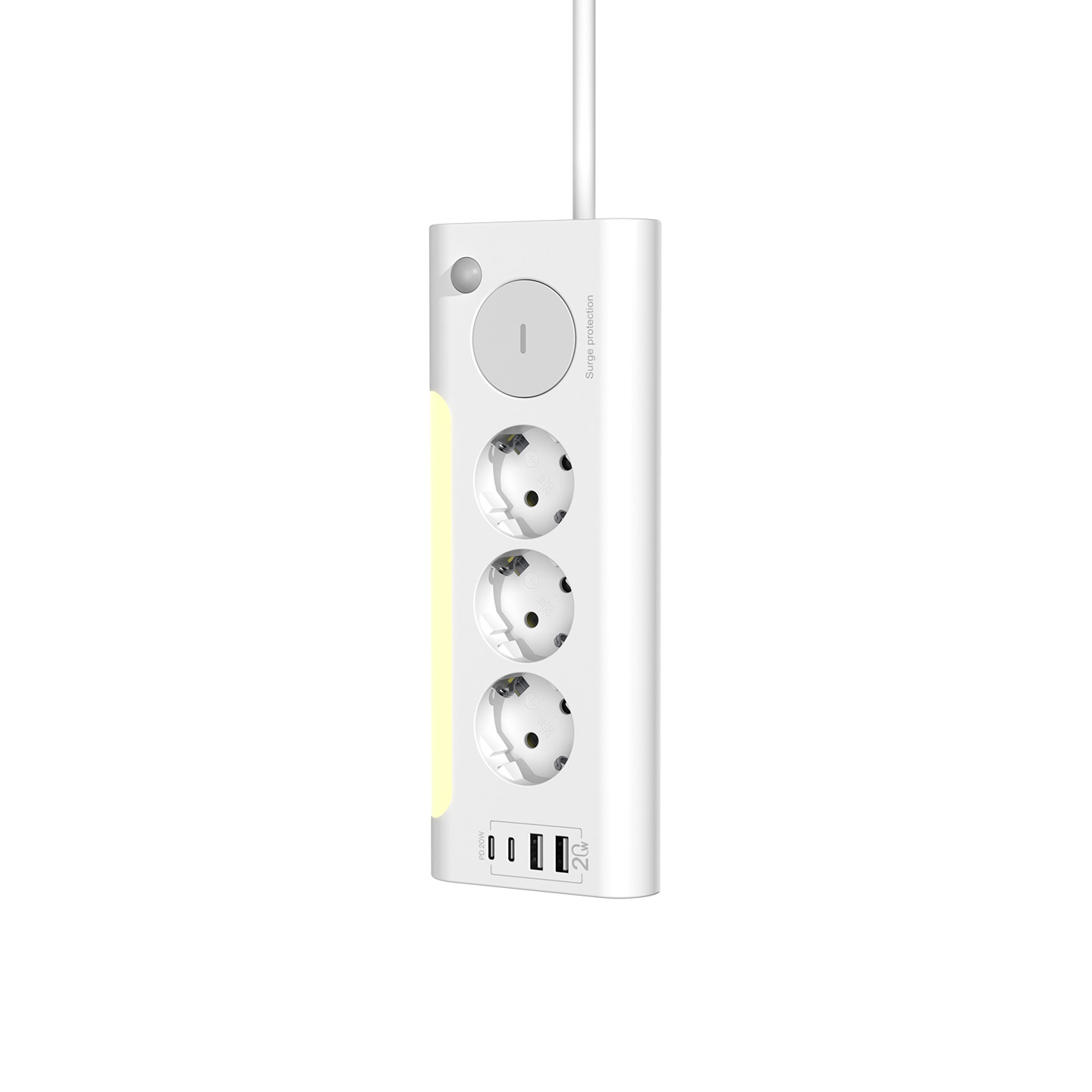 Üç prizli ve iki USB bağlantı noktalı beyaz uzatma kablosu.