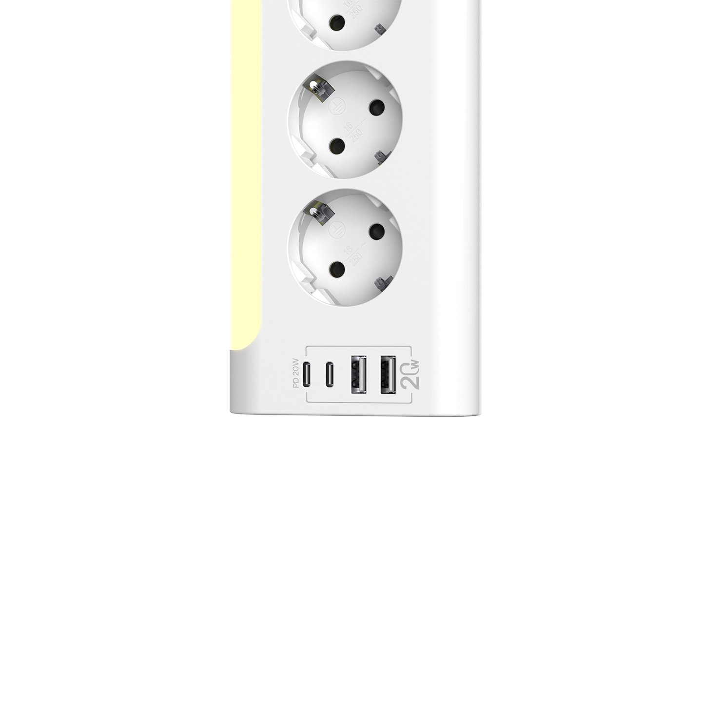 Üç prizli ve iki USB portlu beyaz prizmatik uzatma kablosu. PD 20W.