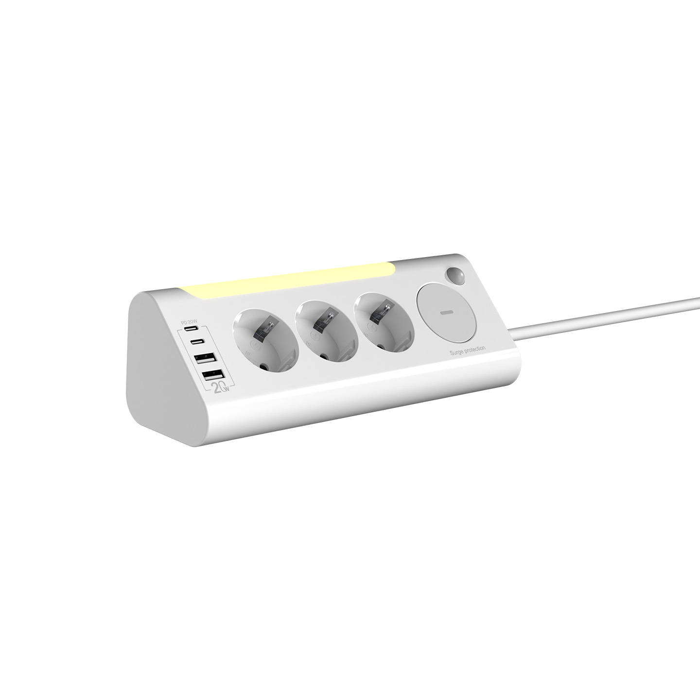 3 prizalı, 4 USB portlu ve sarı LED şeritli beyaz prizmatik.