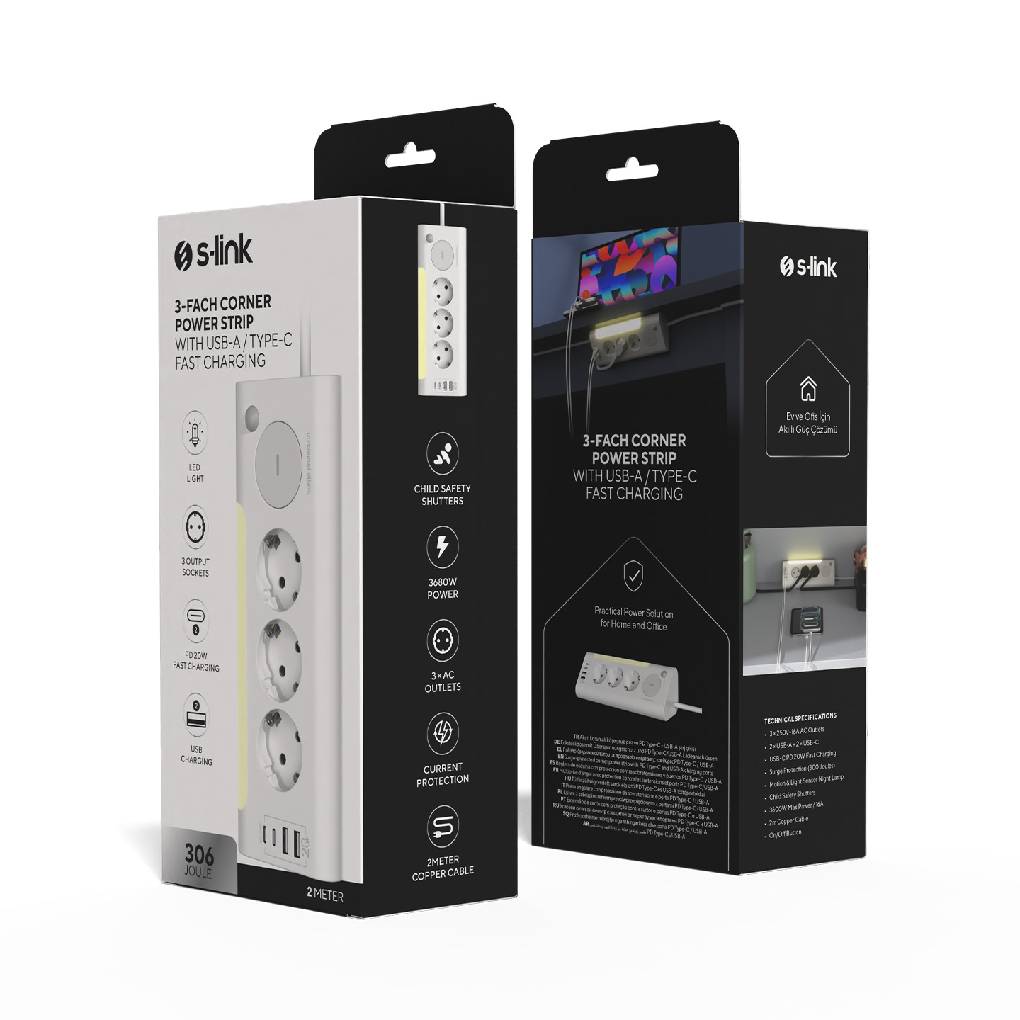 S-Link 3'lü köşe priz, USB-A/C hızlı şarj ve aşırı gerilim korumalıdır.