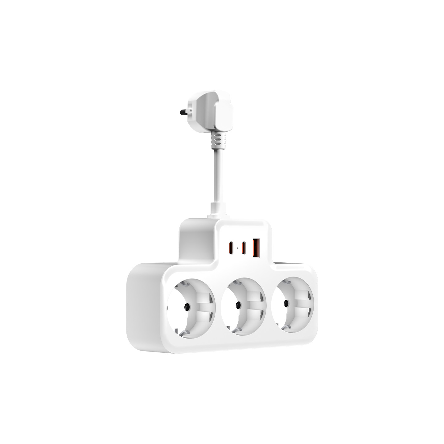 Üç priz ve iki USB bağlantı noktasına sahip beyaz bir uzatma kablosu, yukarı doğru uzanan kısa bir kabloya bağlı bir fiş ile.