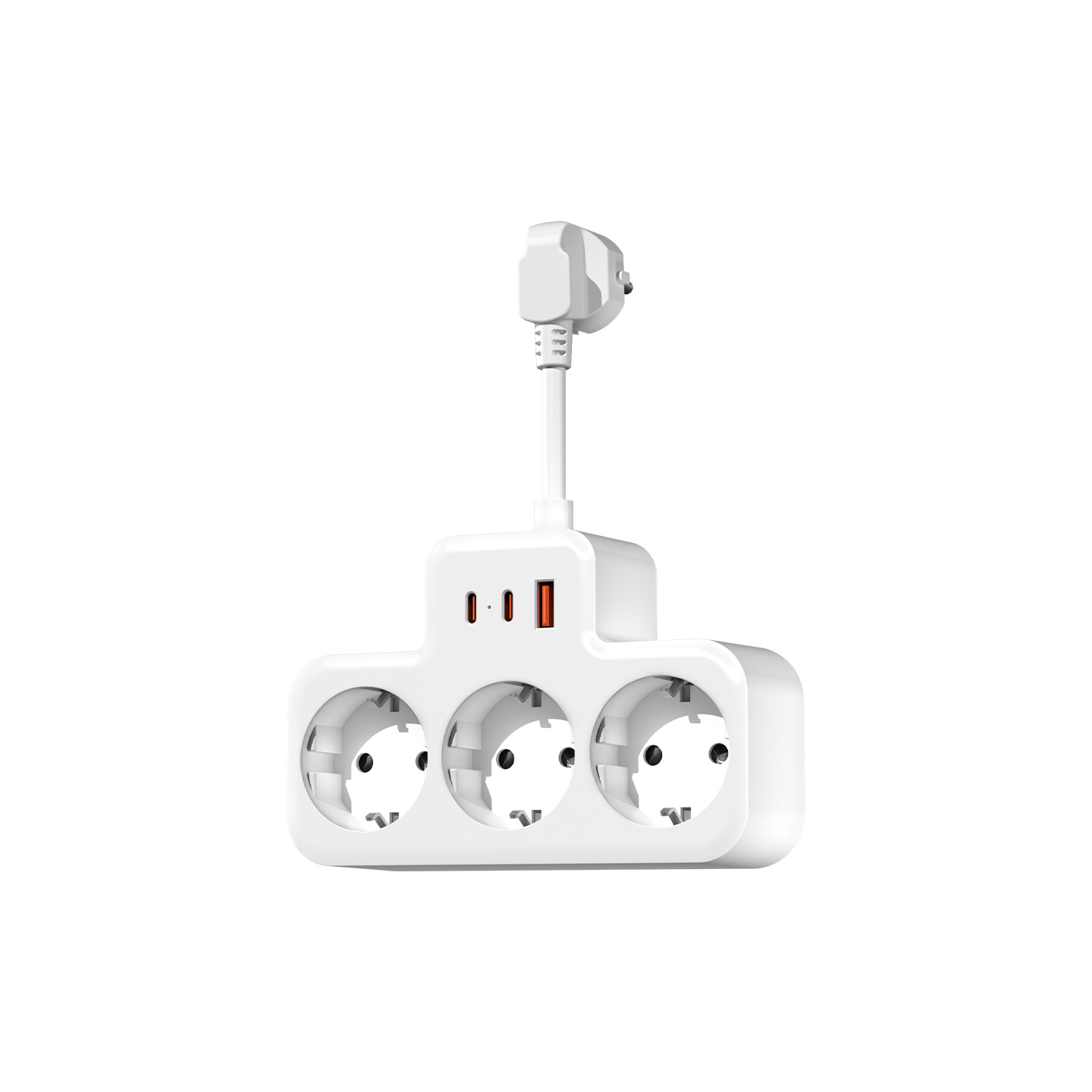 Üç prizli ve iki USB bağlantı noktalı beyaz güç adaptörü.