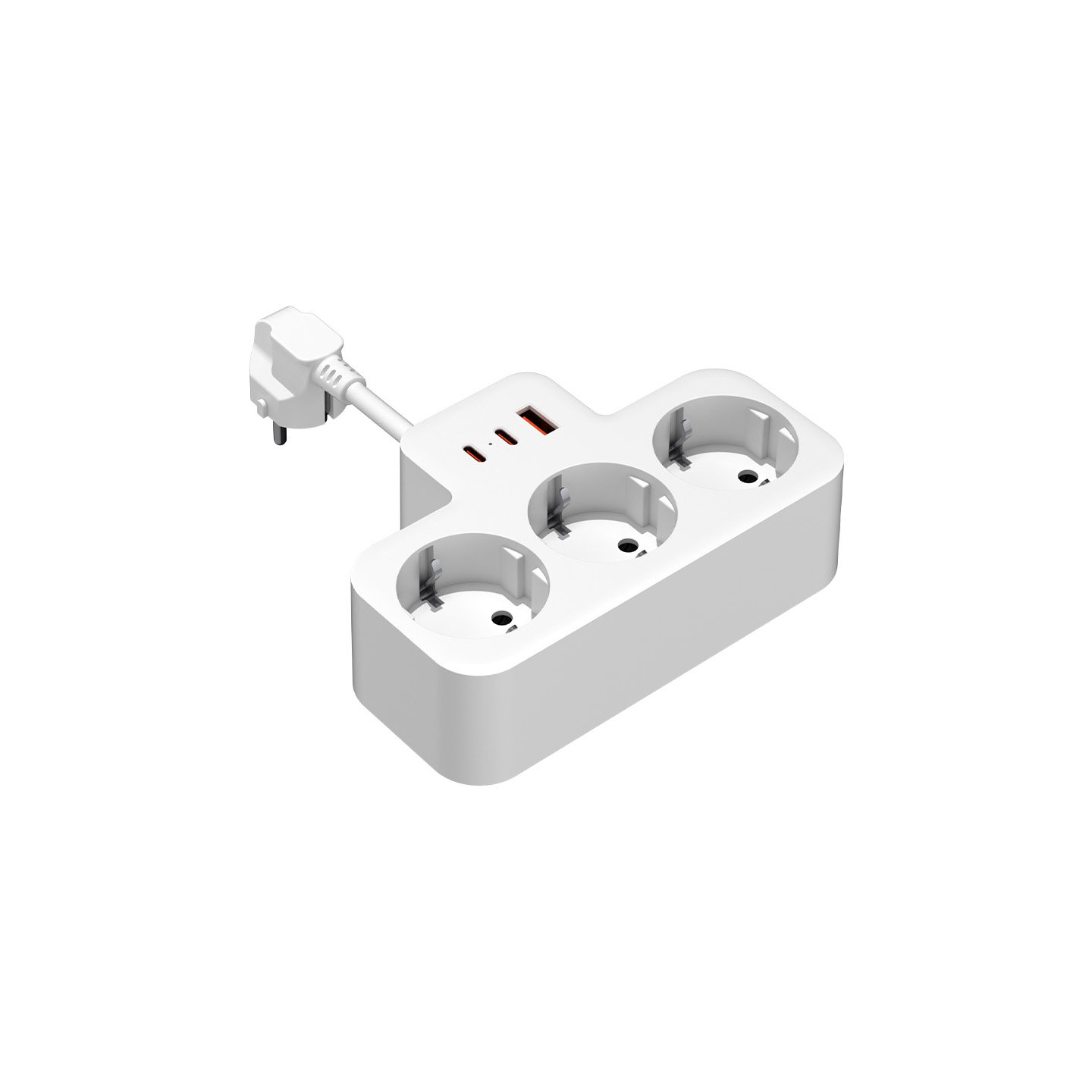 Üç prizli ve iki USB bağlantı noktalı beyaz uzatma kablosu.