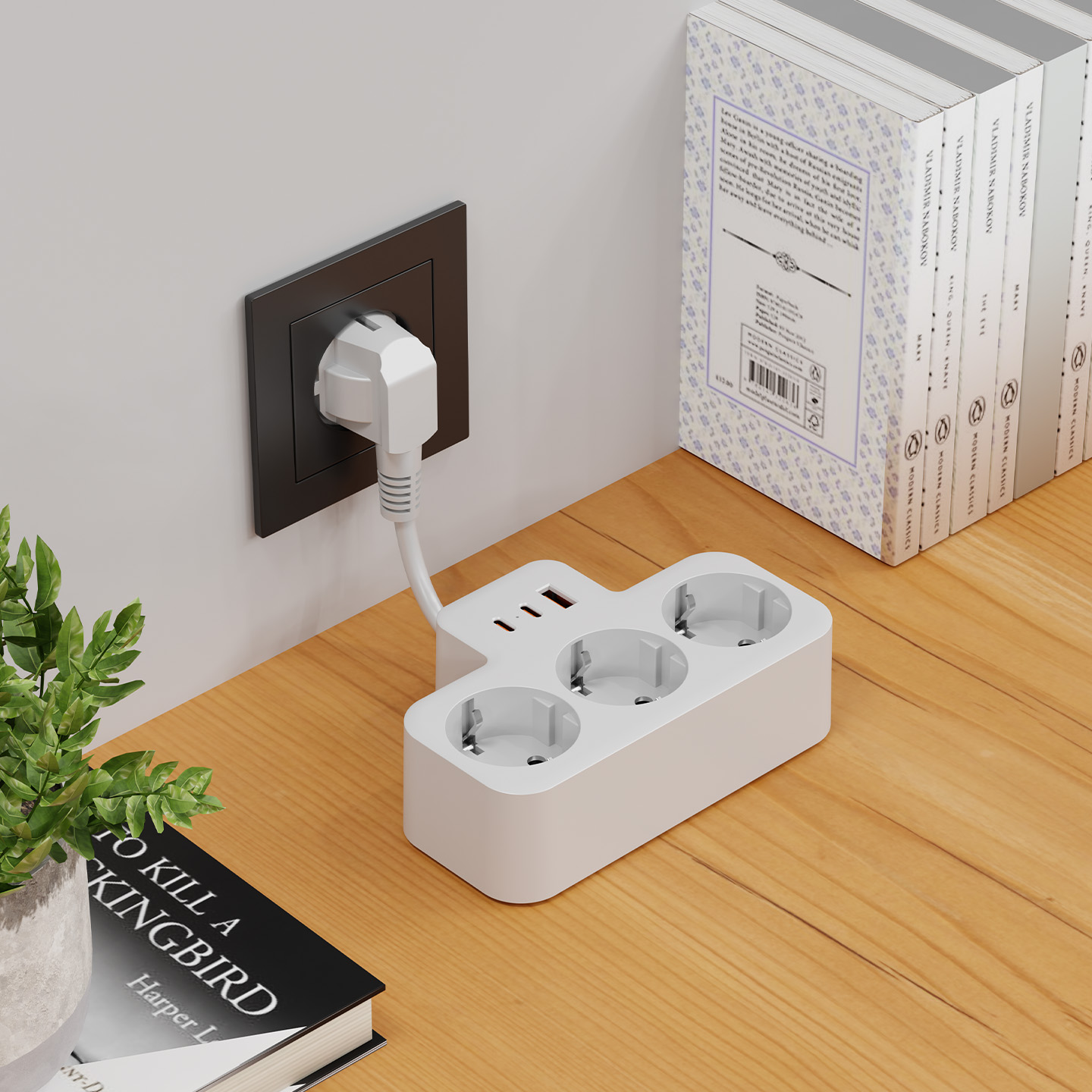 Üç prizli ve iki USB portlu beyaz çoklu priz adaptörü.