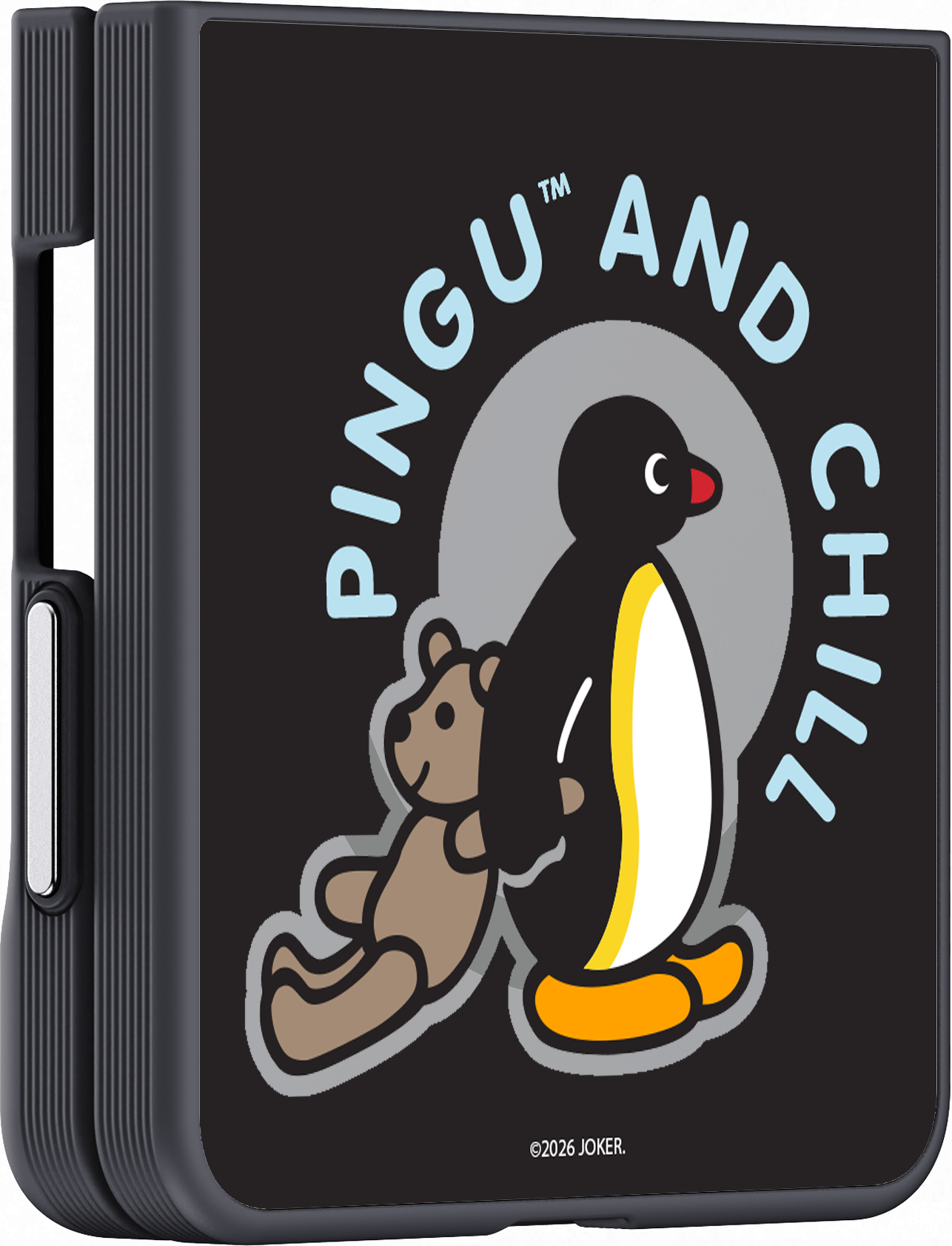 Un pinguino e un orsacchiotto su sfondo nero con testo.