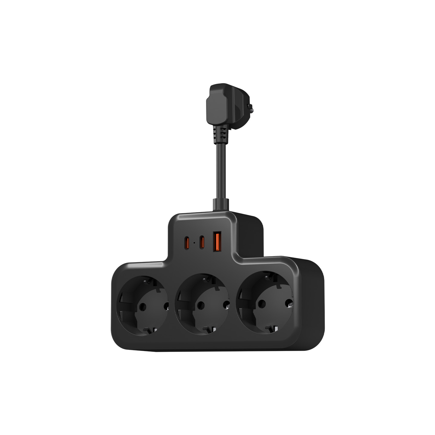 Üç prizli ve iki USB bağlantı noktalı siyah uzatma kablosu adaptörü.