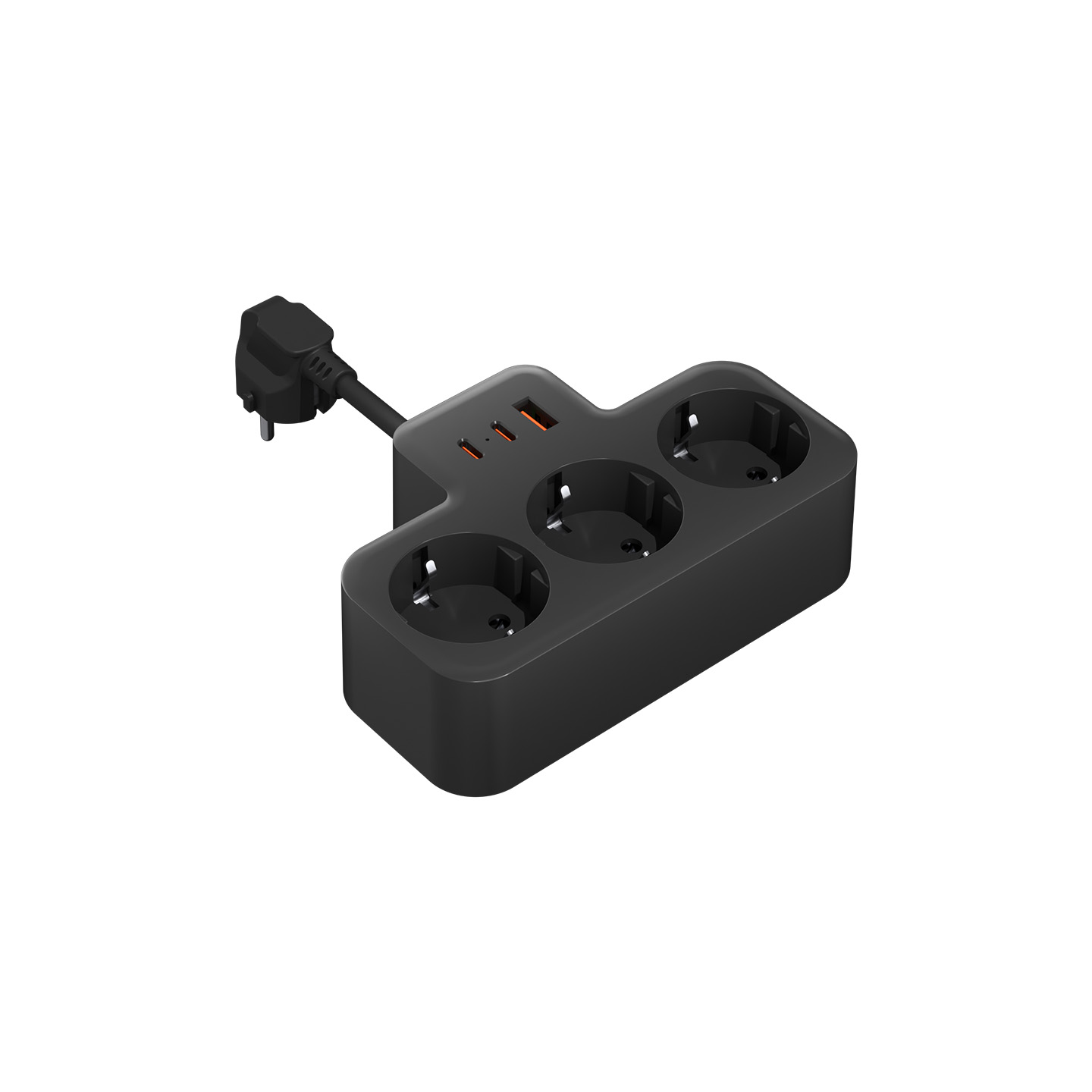 Üç prizli ve iki USB bağlantı noktalı siyah uzatma kablosu.