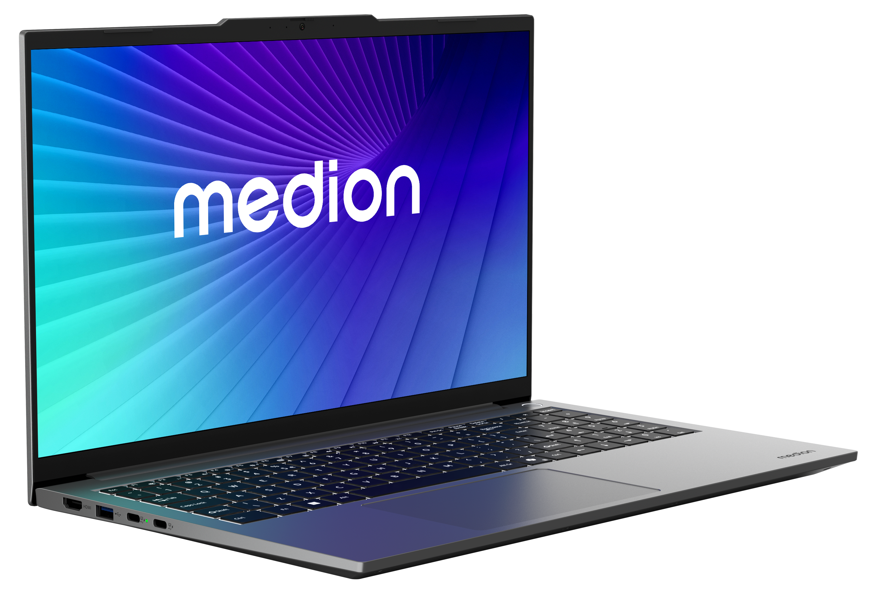 Ein silberner Laptop mit Medion-Logo auf dem Bildschirm und schwarzer Tastatur.