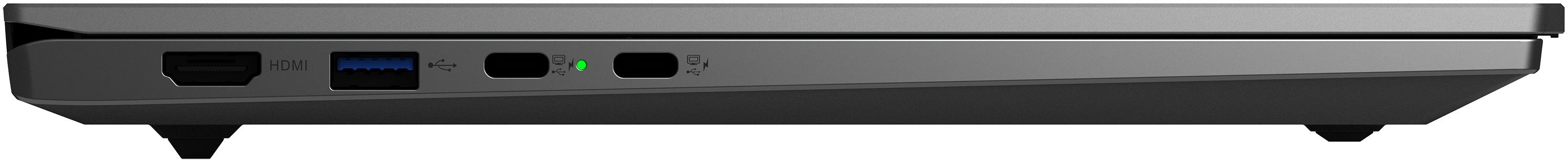 Graues Laptop-Gehäuse mit Anschlüssen: HDMI, USB, Ladeanzeige.