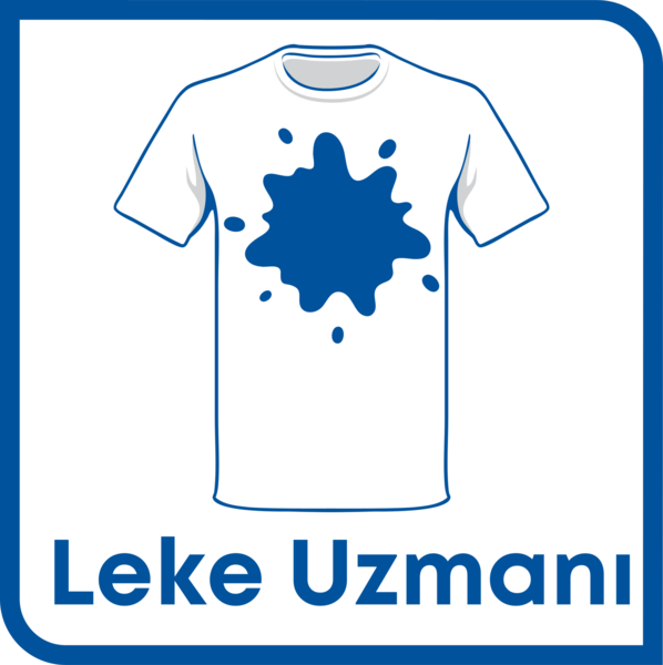 Mavi mürekkep lekesi logolu ve metinli beyaz tişört.