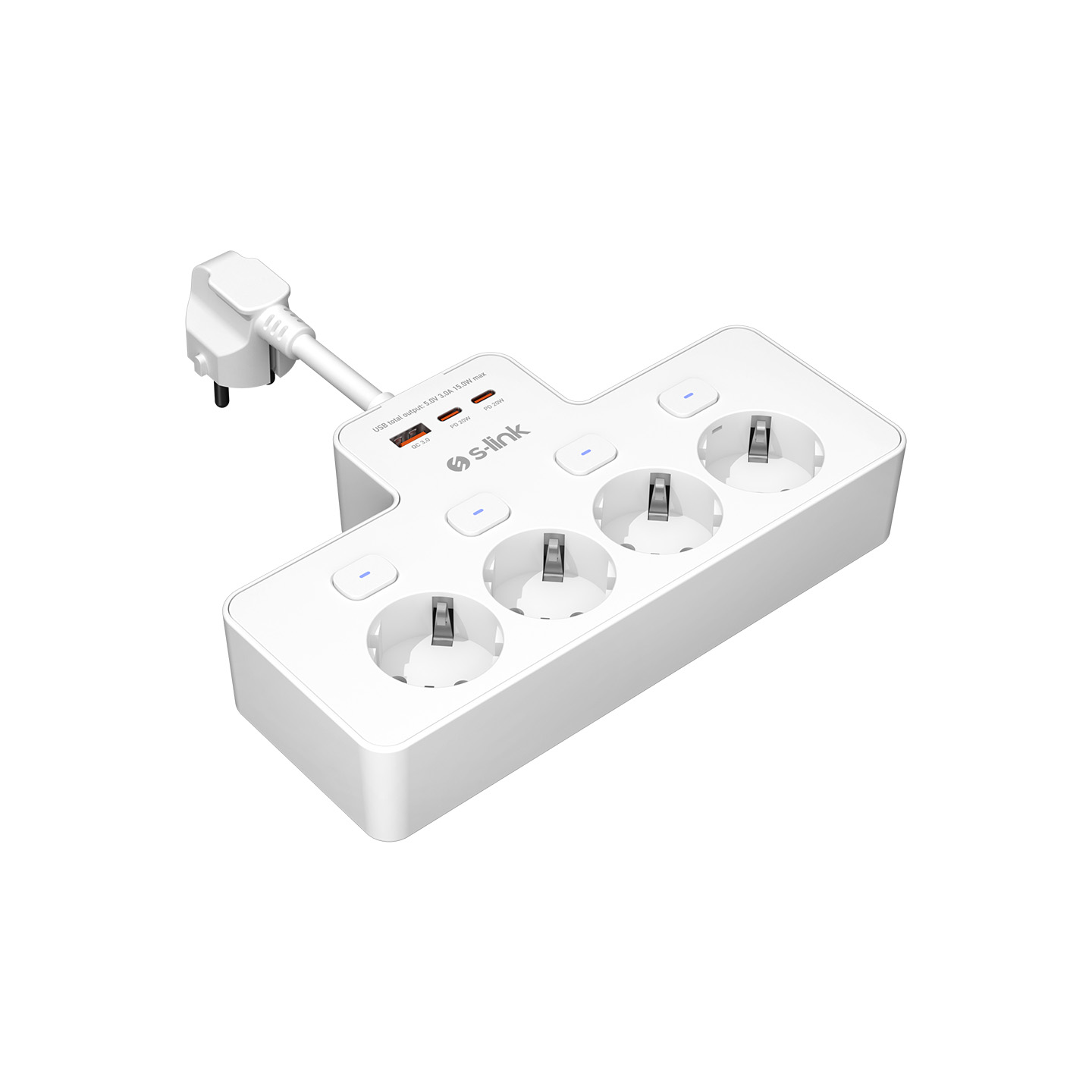 USB bağlantıları ve dört prizi olan beyaz bir uzatma kablosu.
