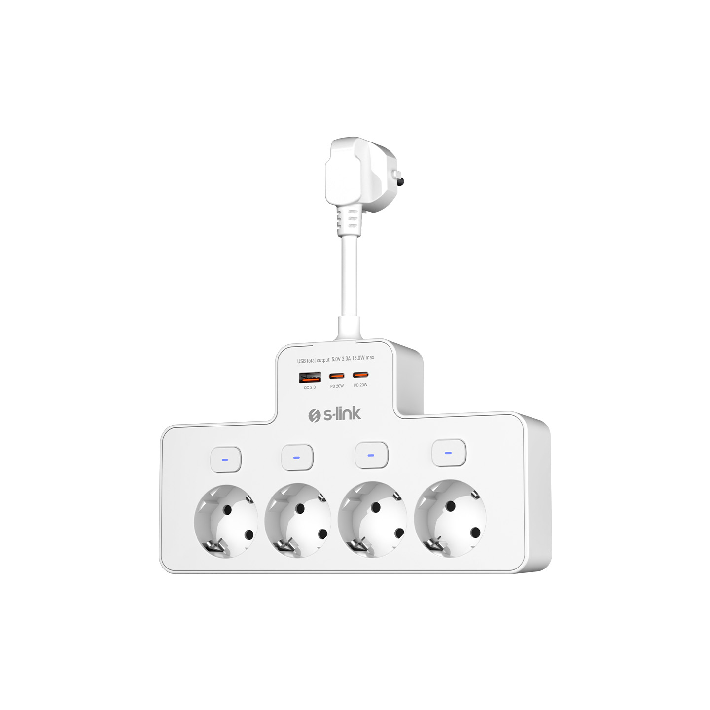 Dört prizli, USB portlu ve fişli beyaz S-link uzatma kablosu.
