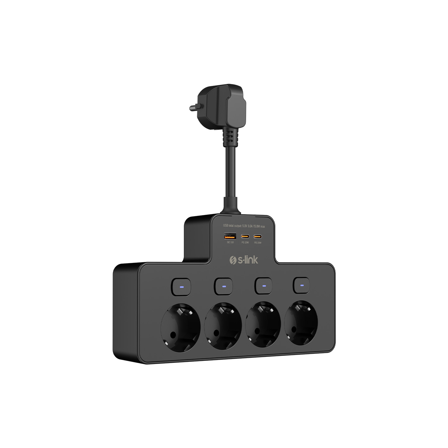 Dört prizli ve USB bağlantı noktalı siyah uzatma kablosu, QC 3.0 ve PD 20W özellikli.