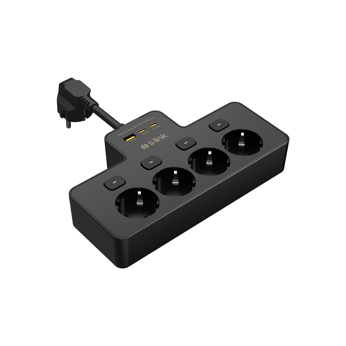 Dört prizli, iki USB-A ve iki USB-C bağlantı noktalı siyah priz.