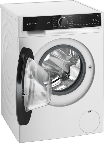 Kontrol panelli ve açık cam kapılı beyaz çamaşır makinesi. İçeride tambur görünür.