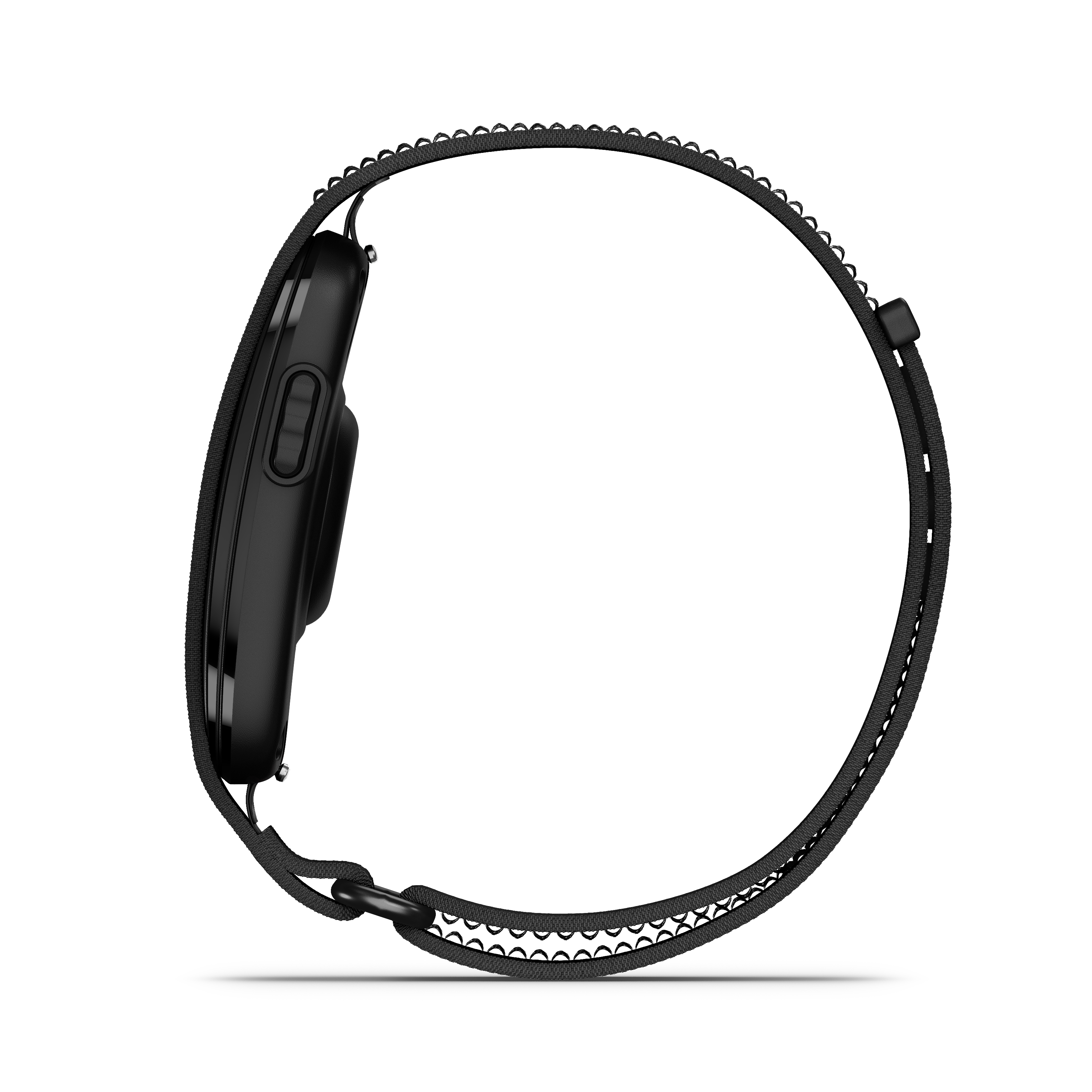 Schwarze Smartwatch mit Stoffarmband und seitlicher Taste.