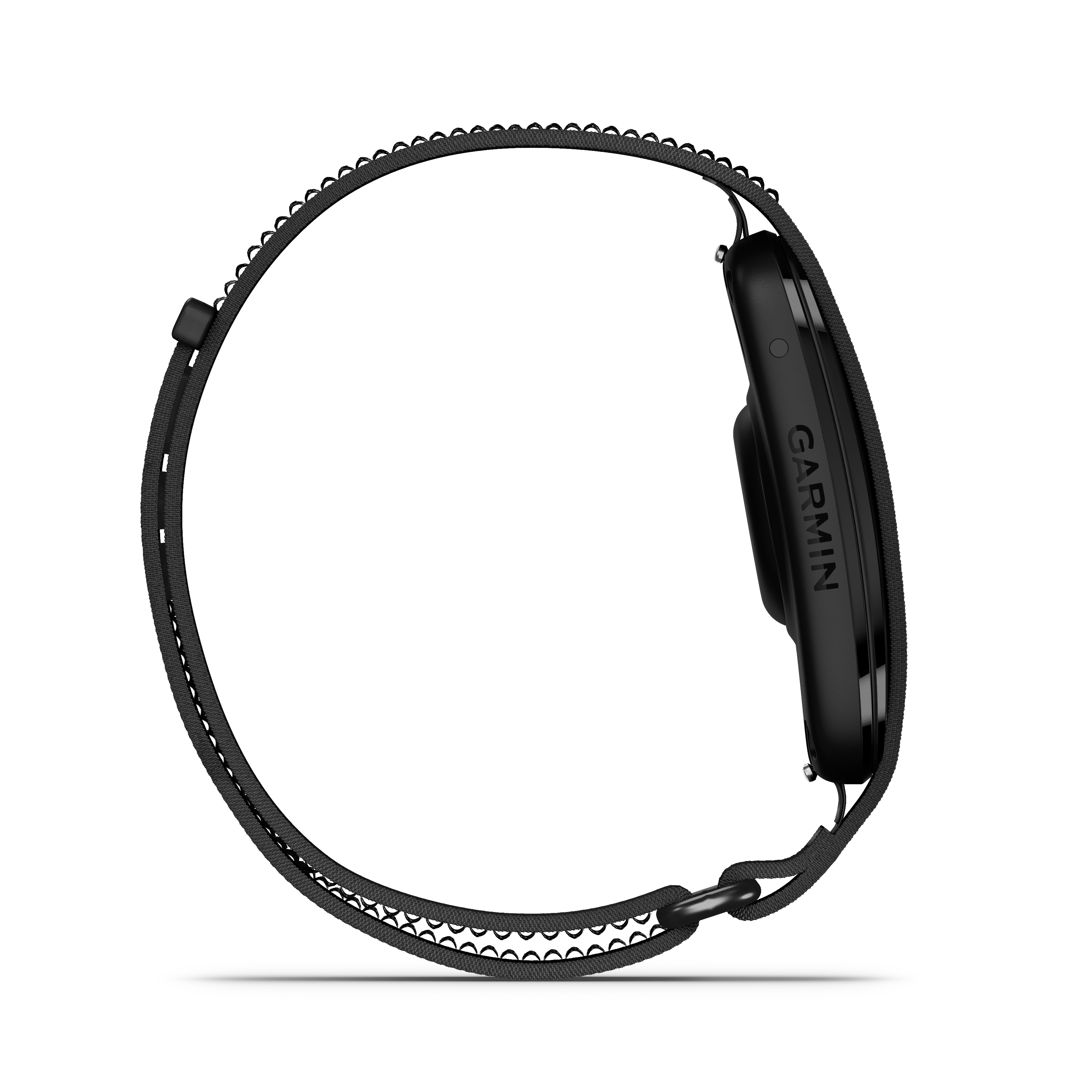Schwarzes Garmin-Smartwatch-Armband mit einem Muster aus Halbkreisen.