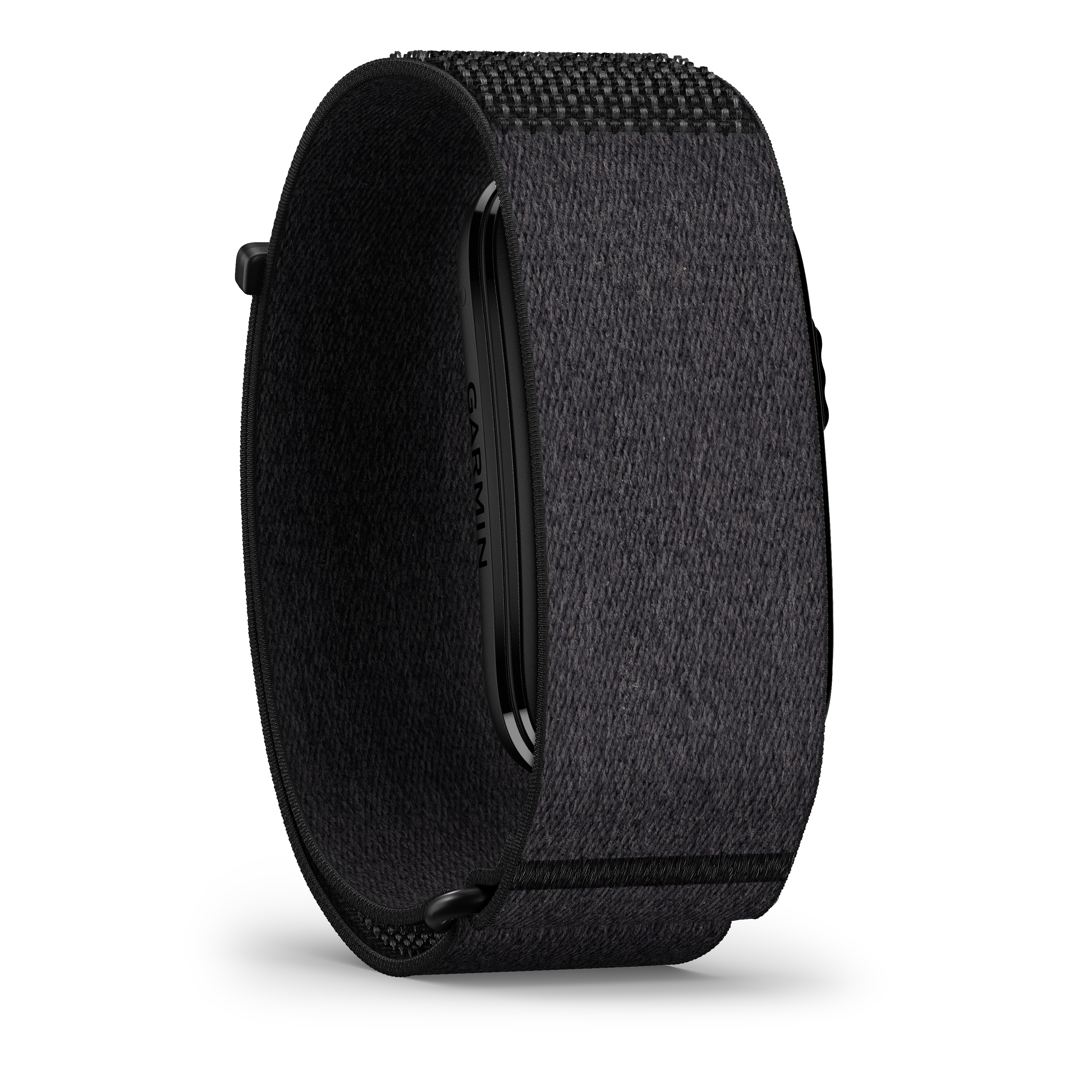 Ein schwarzes Stoffarmband mit einem schwarzen Garmin-Gerät, das mit dem Armband verbunden ist.