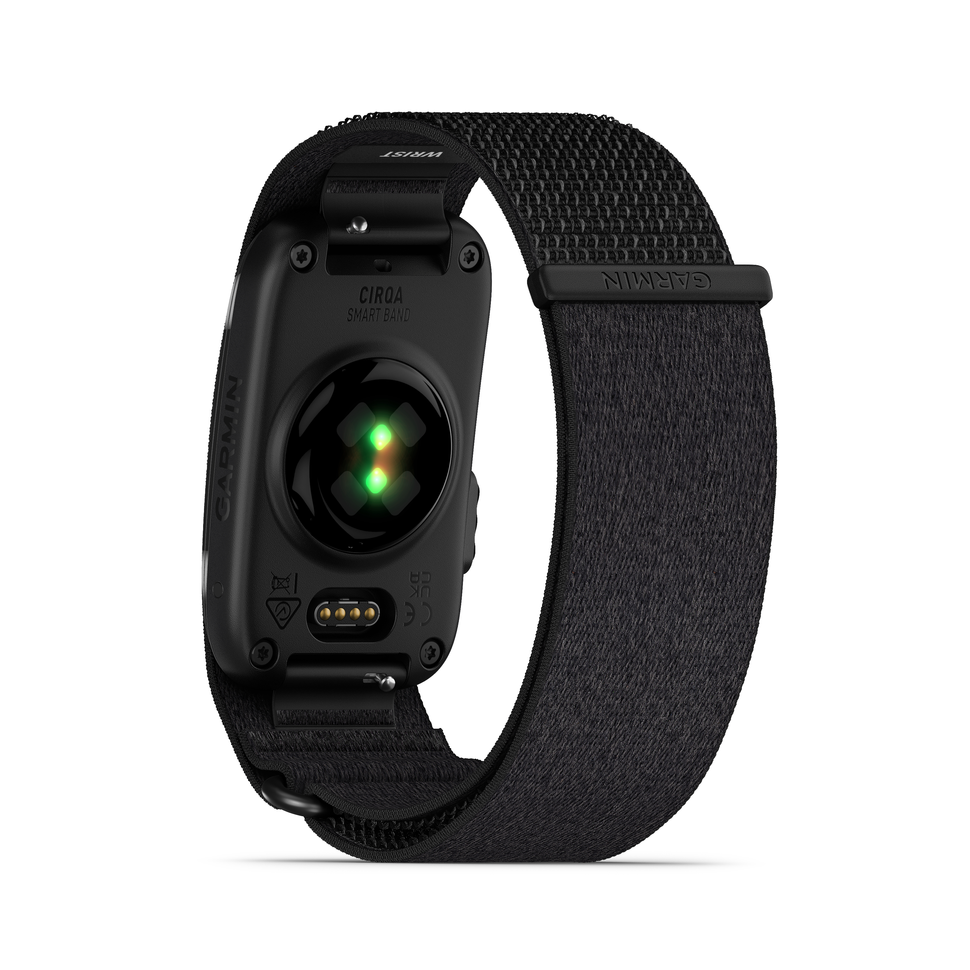 Rückseite einer schwarzen Smartwatch mit Herzfrequenzsensor und Stoffarmband.