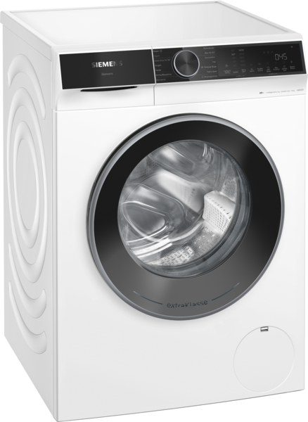 Siyah kapaklı ve kontrol panelli beyaz Siemens çamaşır makinesi.