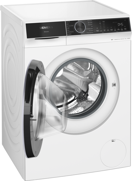 Açık cam kapılı ve kontrol panelli beyaz Siemens çamaşır makinesi.