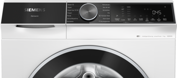 Dijital kontrol panelli, düğmeli ve tamburlu Siemens çamaşır makinesi.