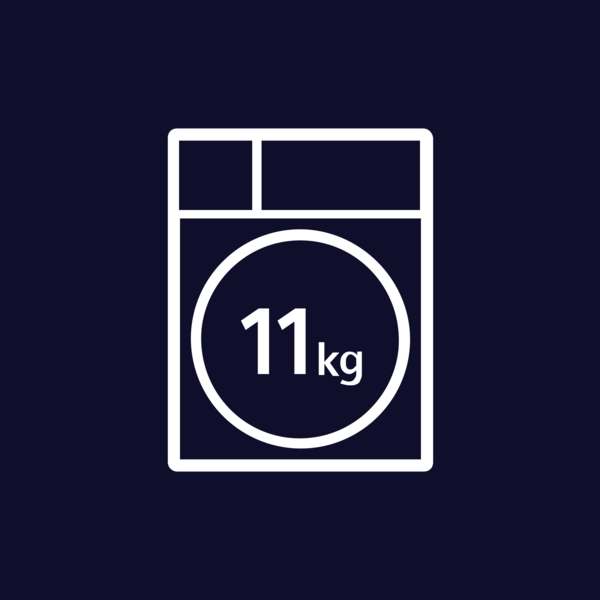 Koyu mavi arka planda 11 kg kapasiteli beyaz çamaşır makinesi simgesi.