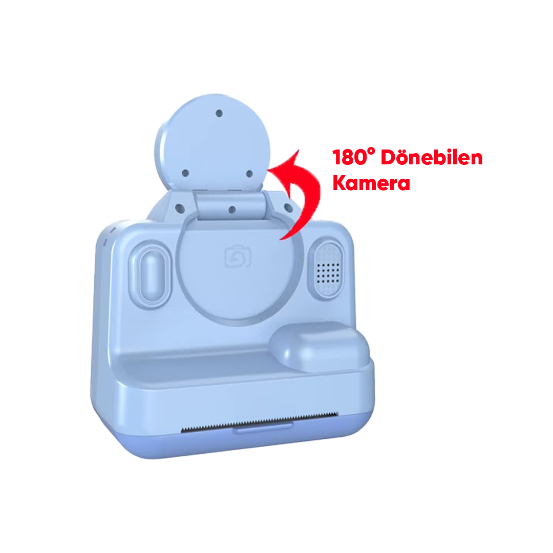 Dönebilen objektifli ve kırmızı ok işeretli açık mavi kamera.