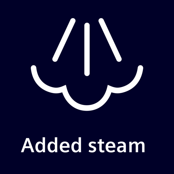 Koyu mavi arka plan üzerinde 'Added steam' yazılı buhar simgesi.