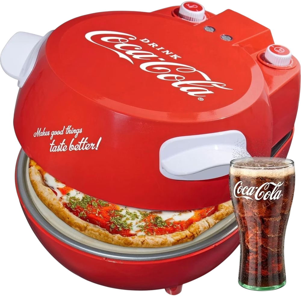 Eine rote Coca-Cola Pizzaofen mit einem Glas Cola und einer Pizza.
