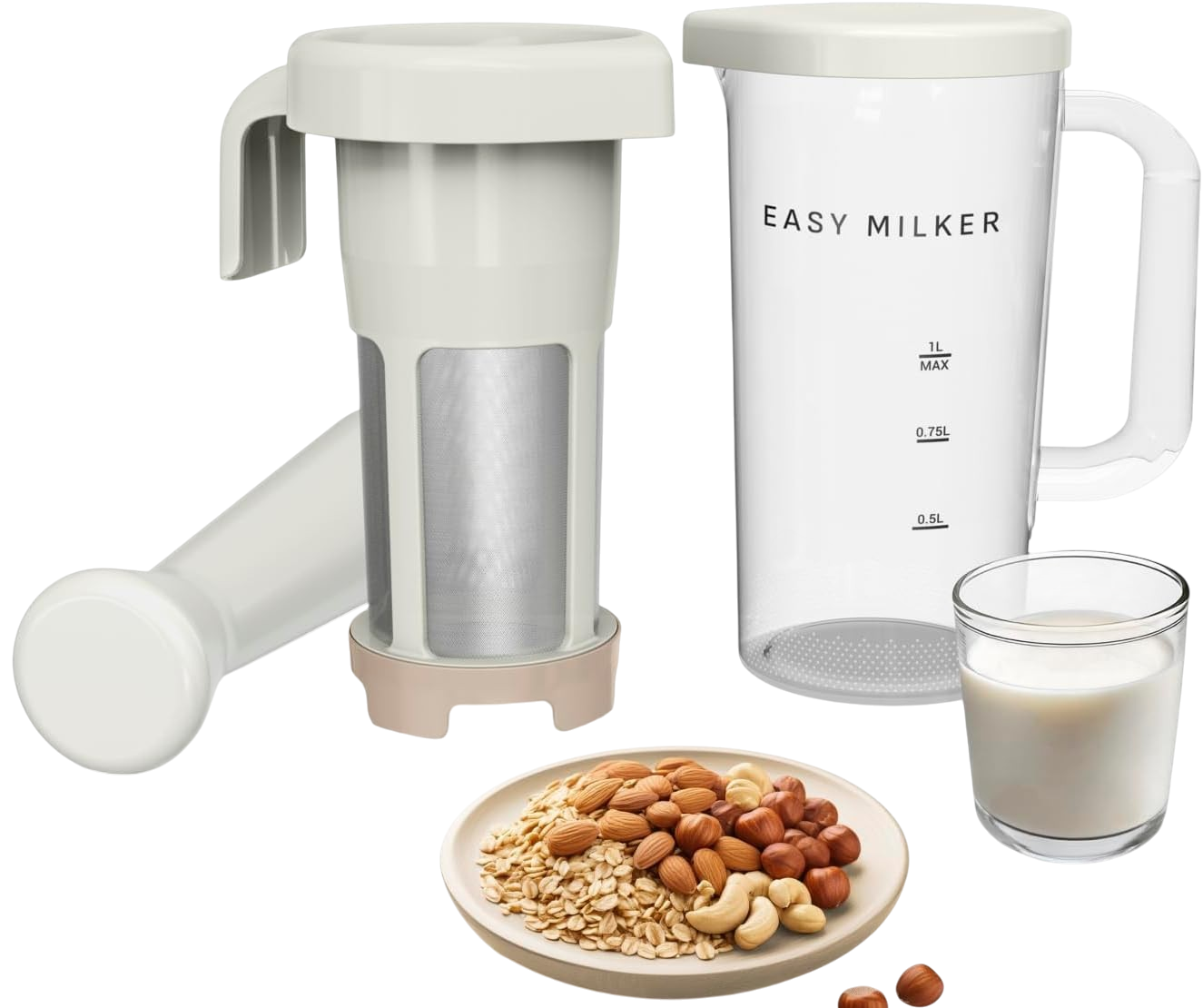 Eine weiße Milchmaschine mit Krug, Filterbecher und einem Glas Milch, plus Nüsse und Hafer.