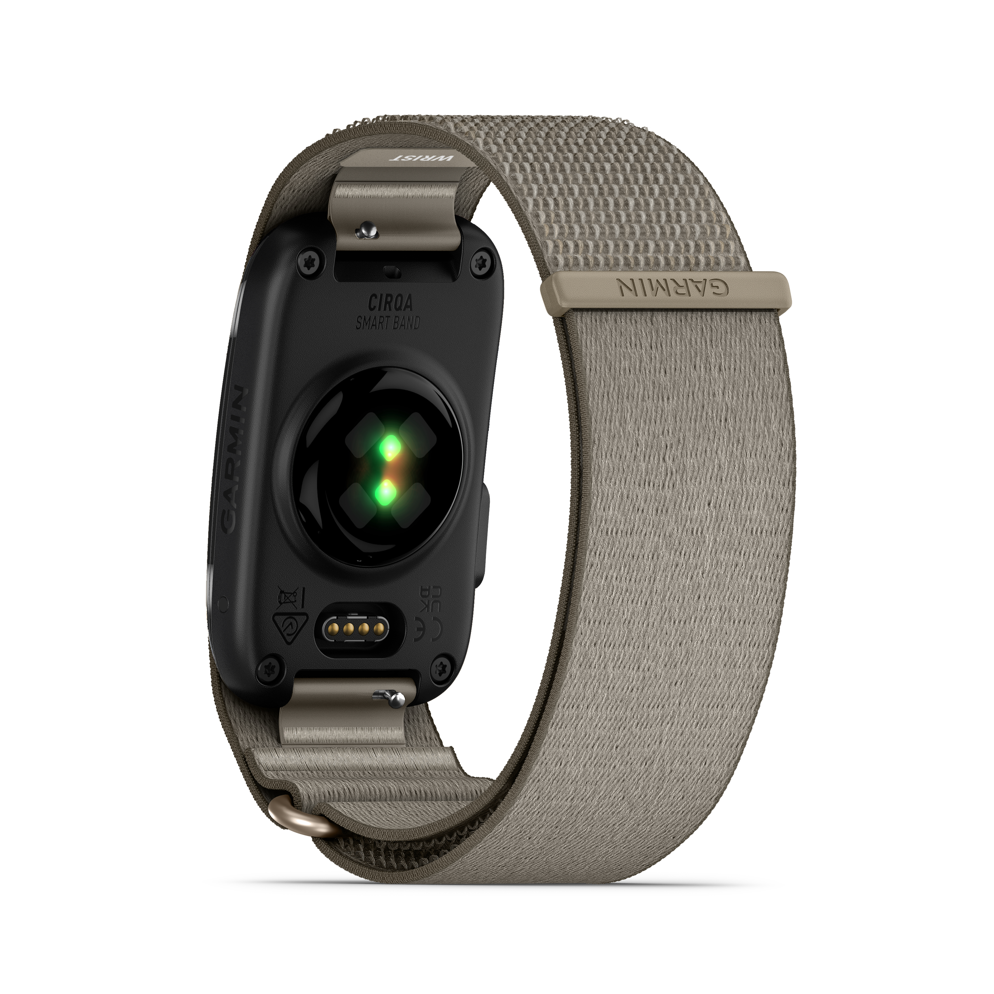 Rückseite einer schwarzen Smartwatch mit Herzfrequenzsensor und grauem Stoffarmband.