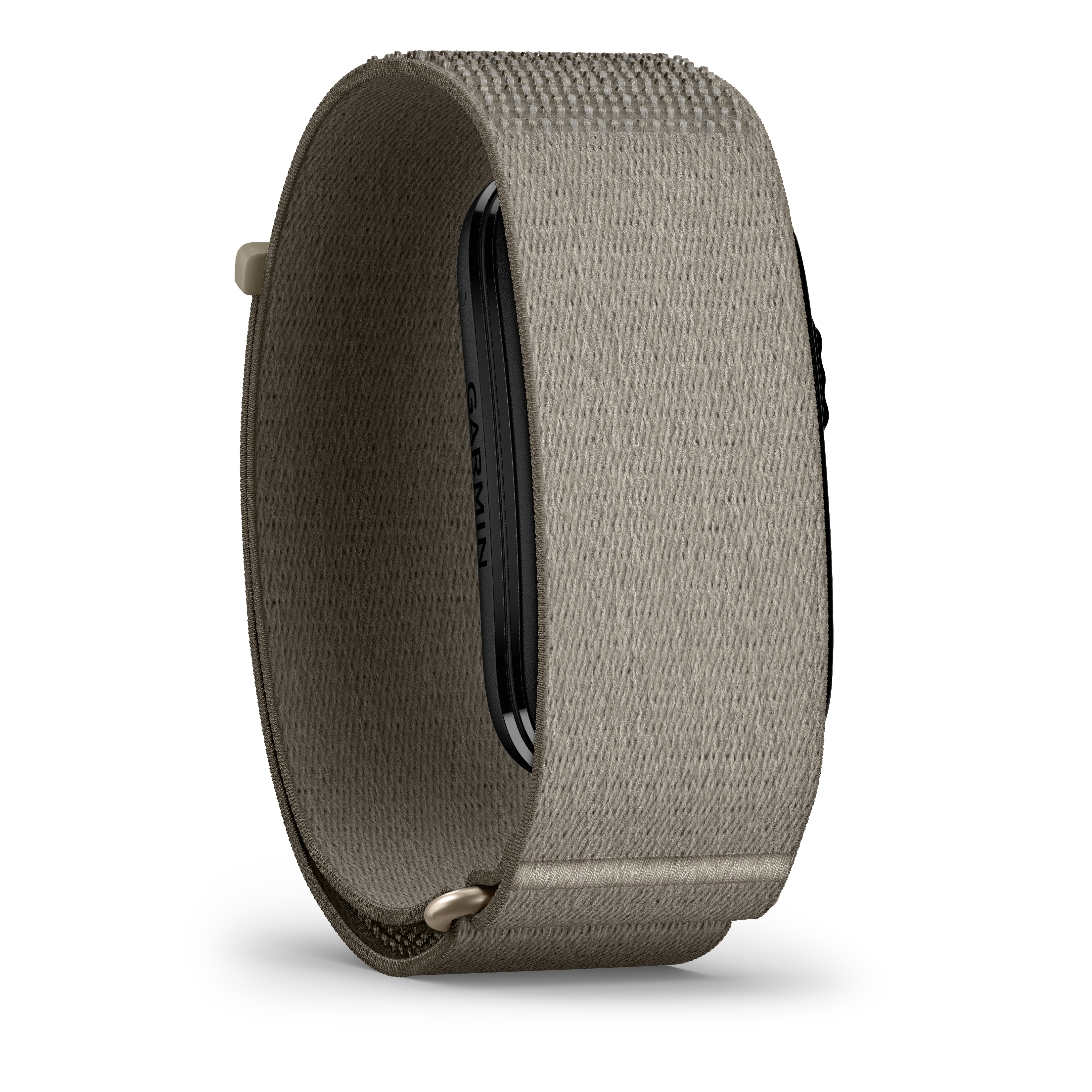 Graues Garmin-Armband mit schwarzem Display. Detailansicht.