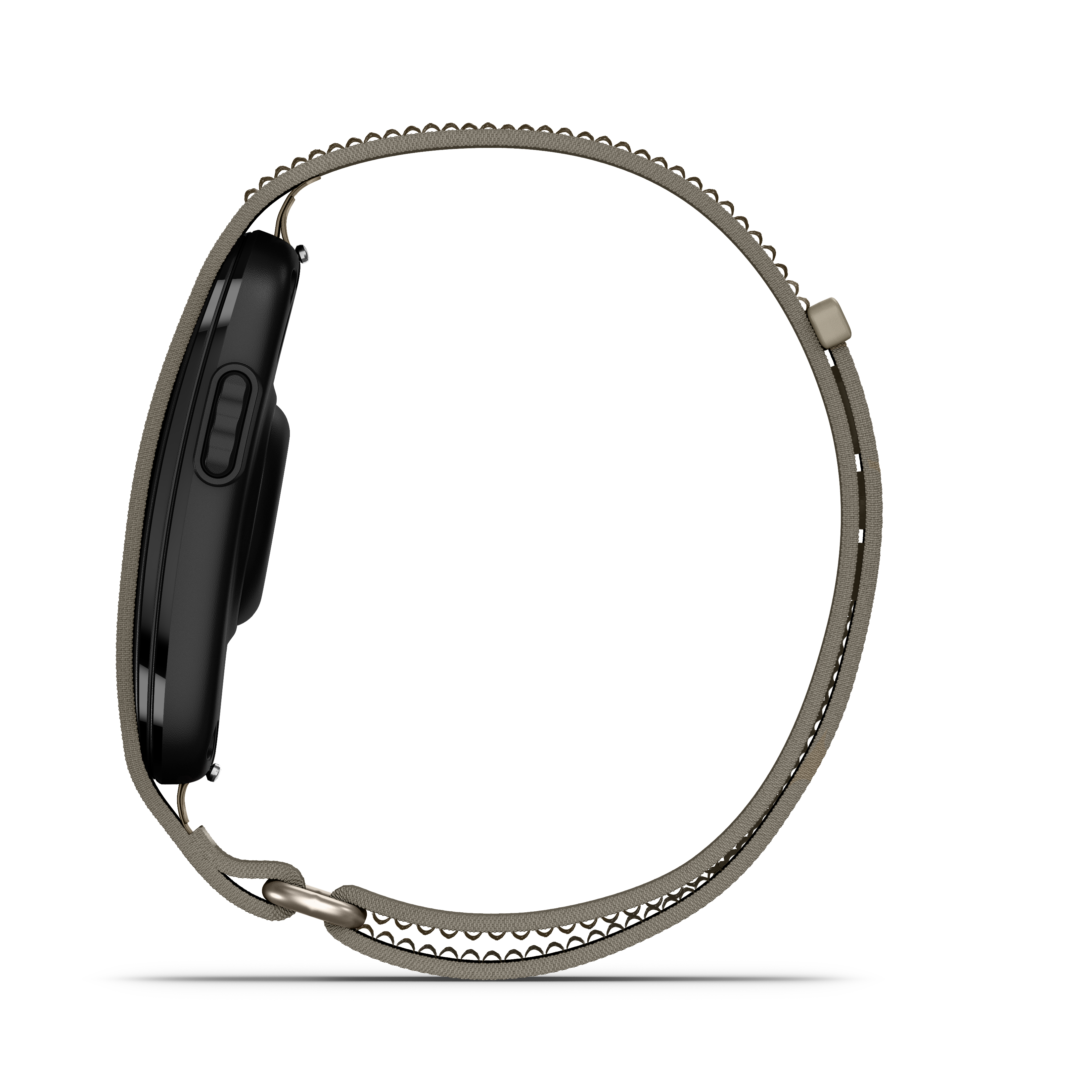 Schwarze Smartwatch mit grauem Stoffarmband, von der Seite gezeigt.
