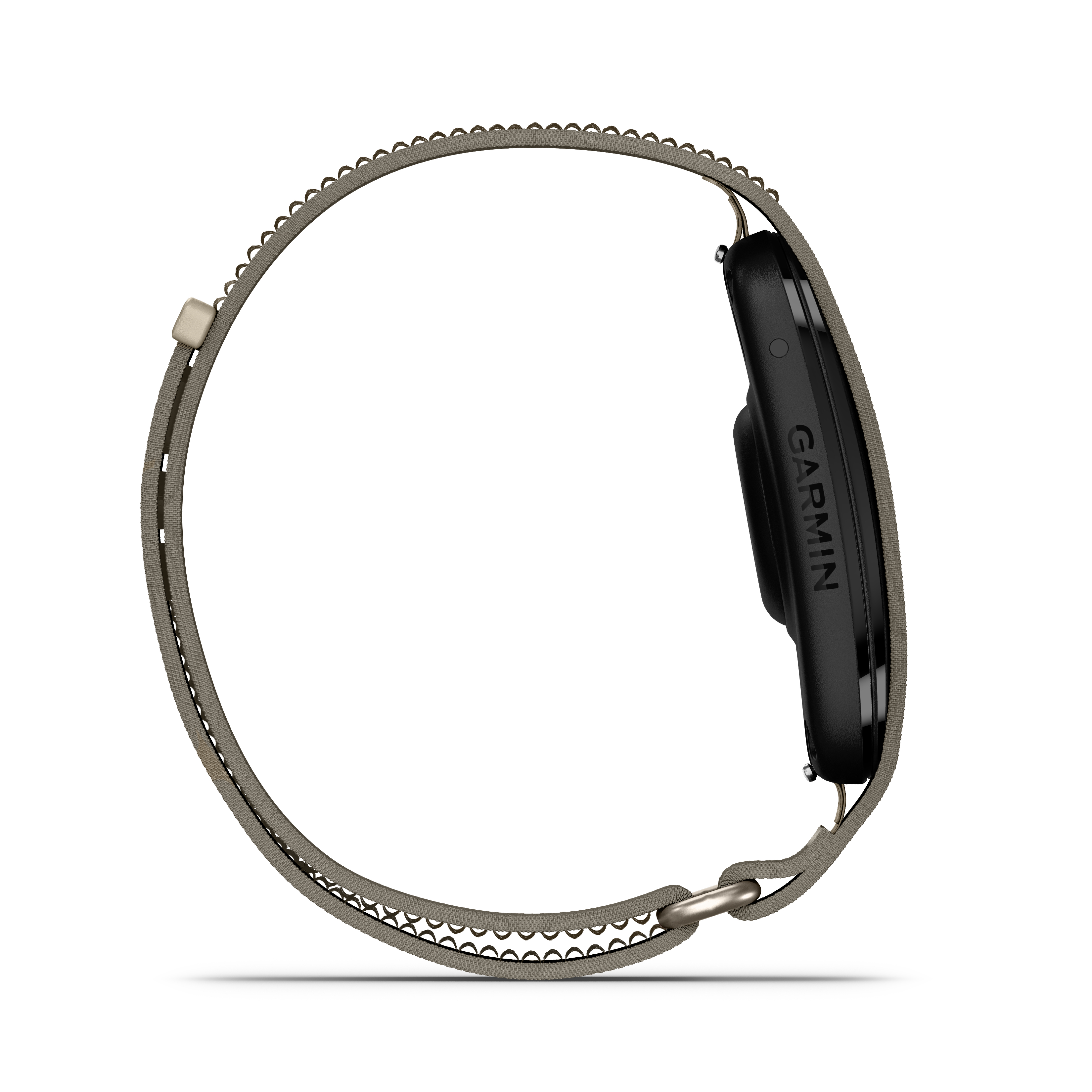 Garmin Smartwatch mit grauem Stoffarmband auf weißem Hintergrund.