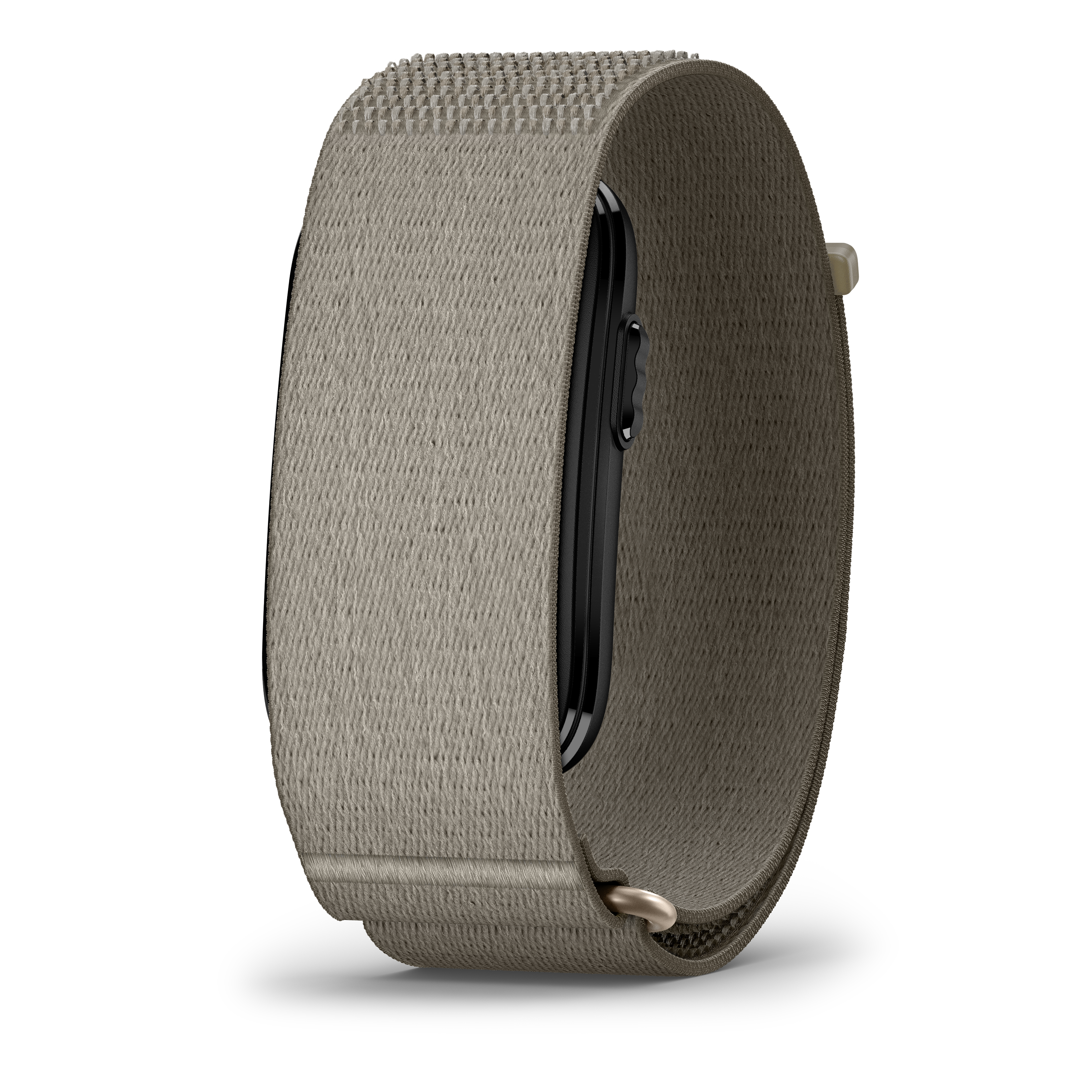 Graues Stoffarmband mit schwarzem Kern und Metallschnalle, auf weißem Hintergrund.