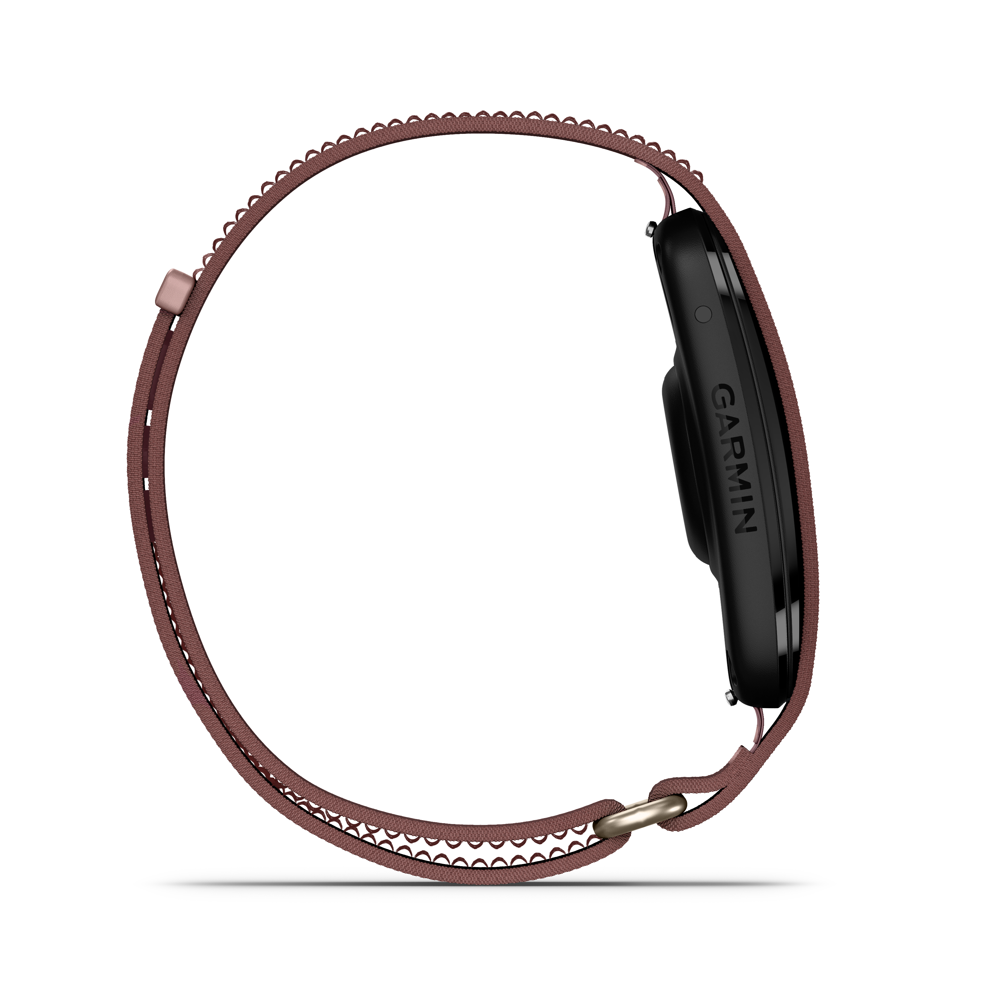 Schwarzes Garmin-Smartwatch-Gehäuse mit braunem Stoffarmband und silbernem Verschluss.
