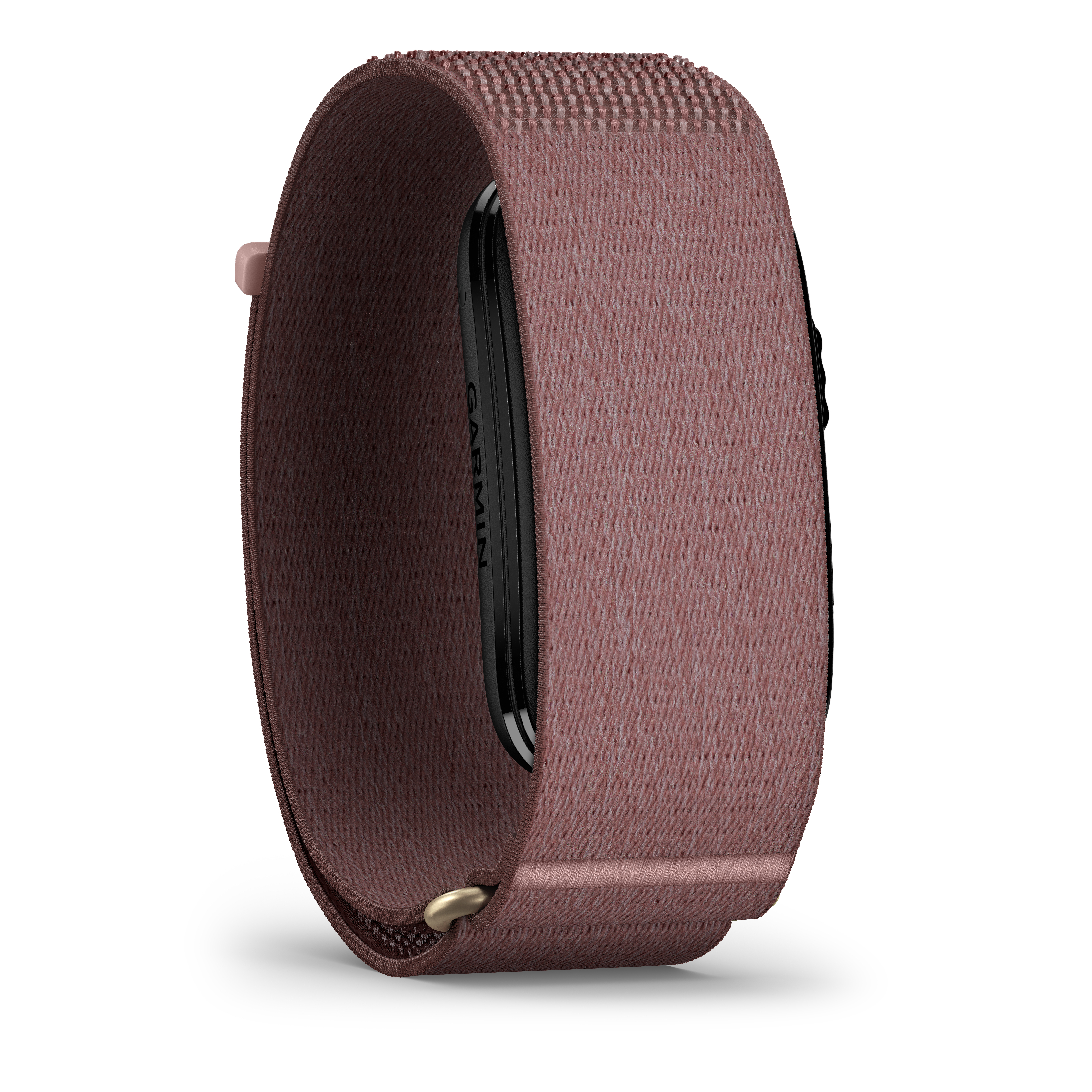 Ein rosa Gewebe-Armband mit schwarzem Display und goldenem Dornschließe.
