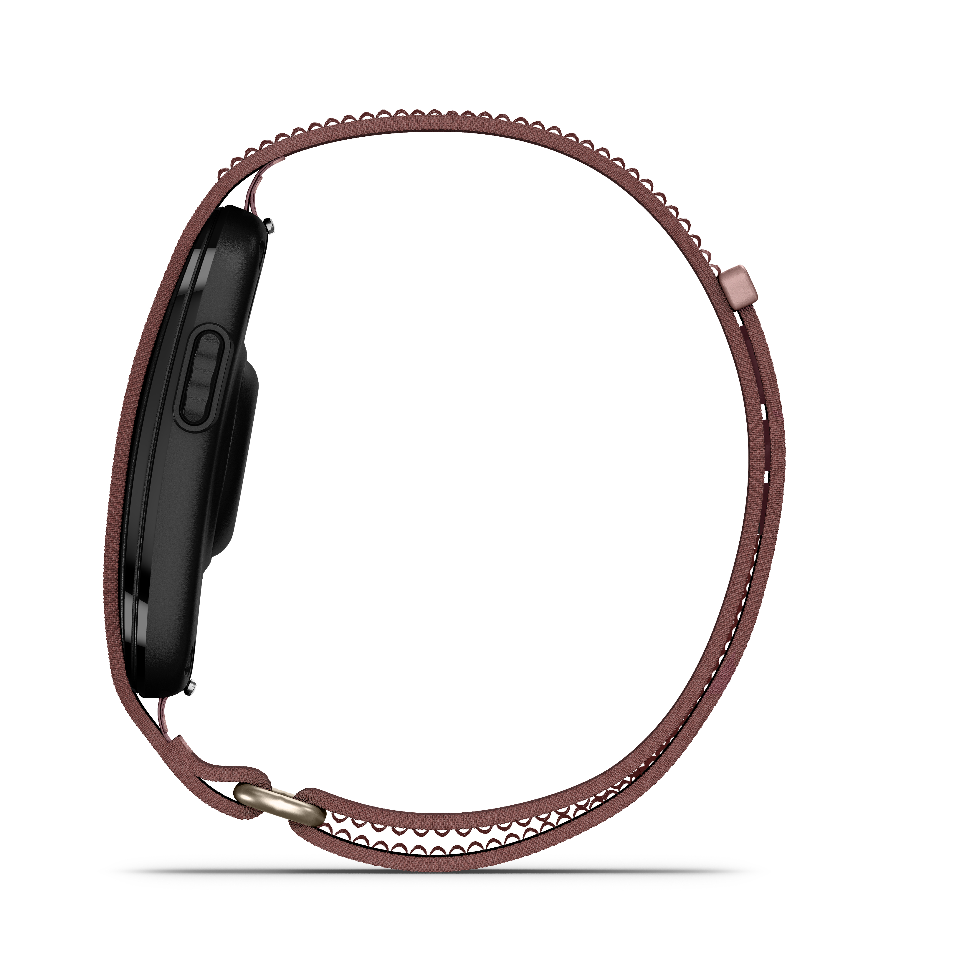 Schwarze Smartwatch mit braunem Armband und silbernem Verschluss.